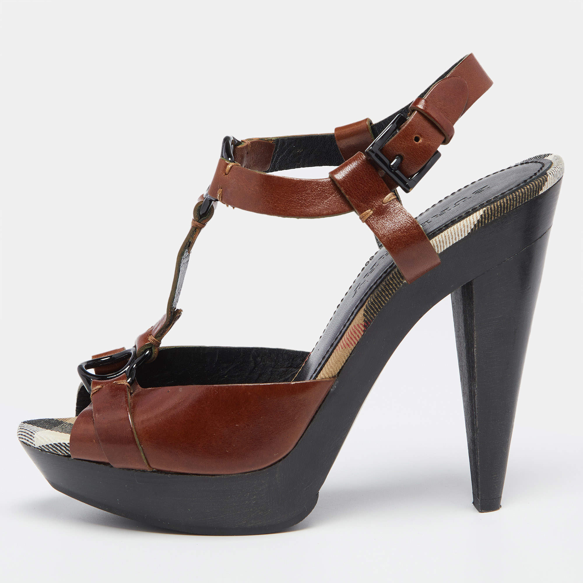 Pre Owned Burberry Brown/Beige Leather Hans T Strap Platform Sandals Size 38