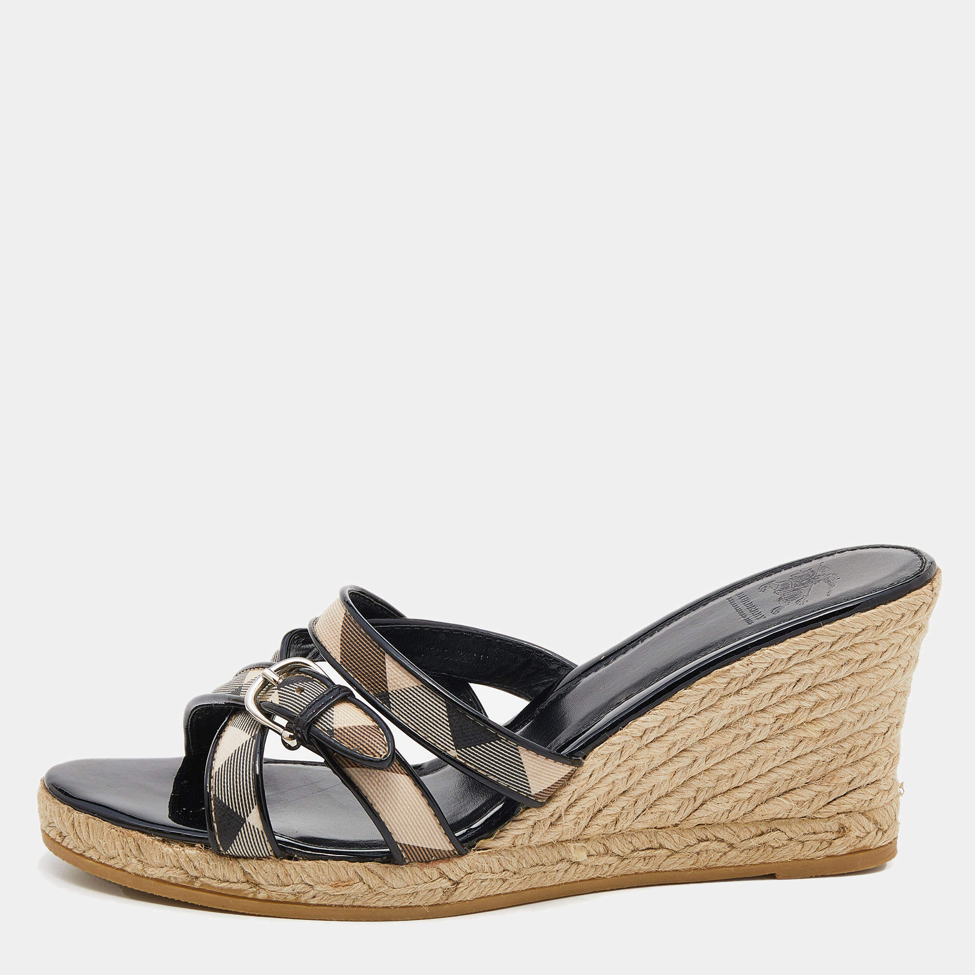 Pre Owned Burberry Black Patent Leather and Nova Check Canvas Espadrille Wedge Sandals Size 40