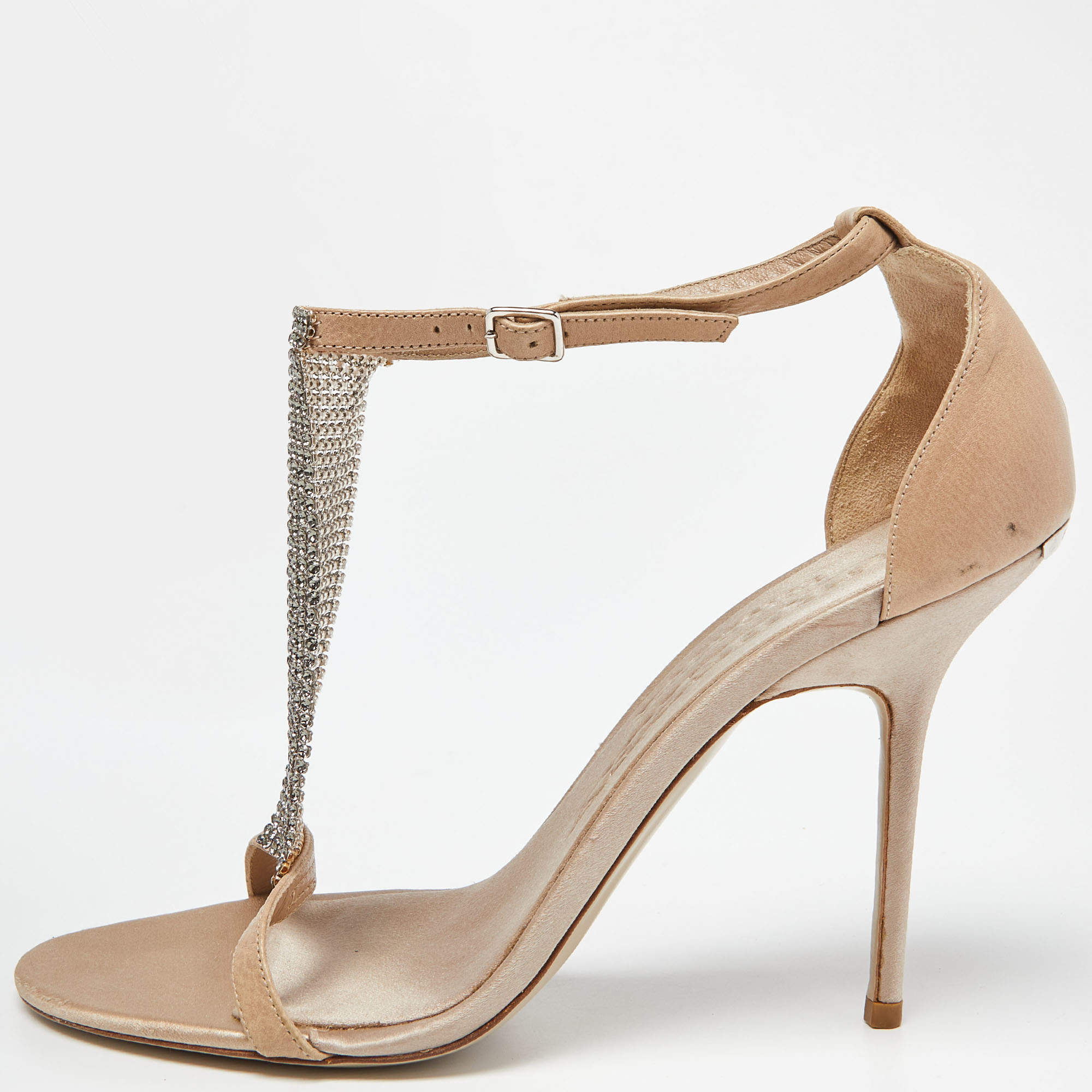 Pre Owned Burberry Beige Leather Embellished Chain T-Bar Sandals Size 40