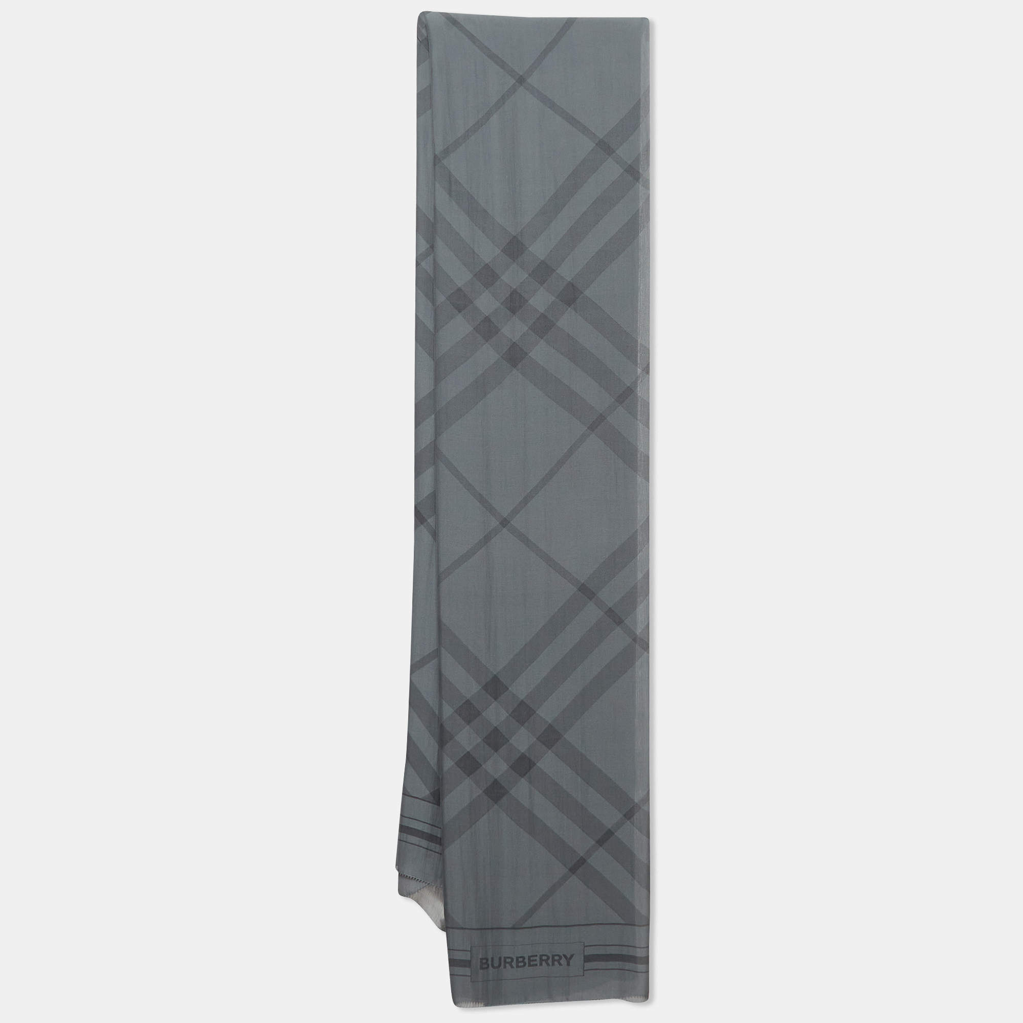 Pre Owned Burberry Grey Giant Check Jacquard Chiffon Scarf 