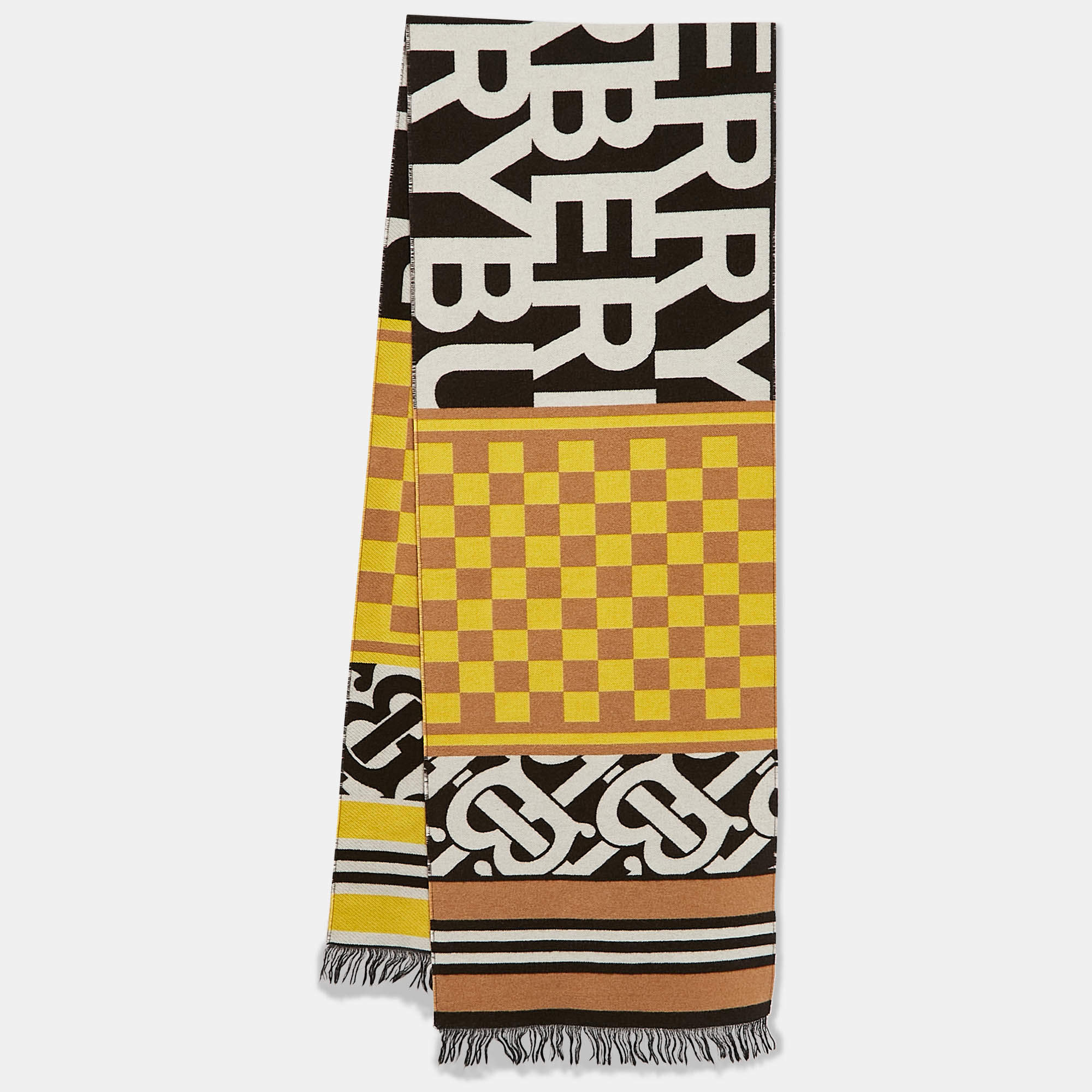 Burberry Yellow Text Checkboard Cashmere Blend Football Scarf