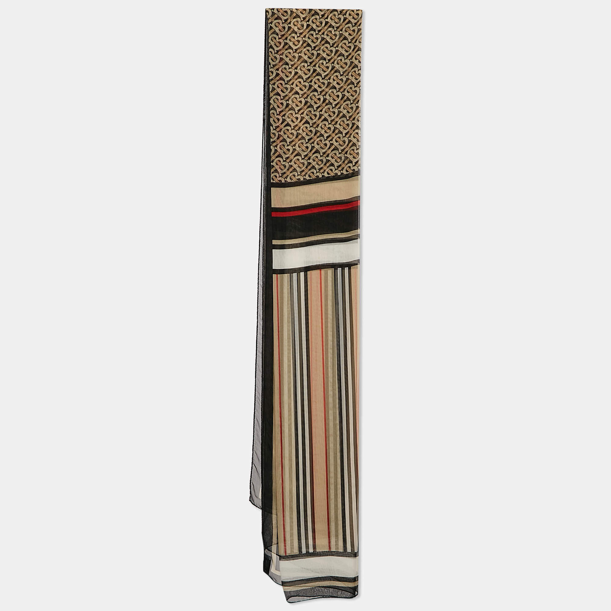 Pre Owned Burberry Archive Beige Triple Checks Stripe Montage Print Silk Scarf