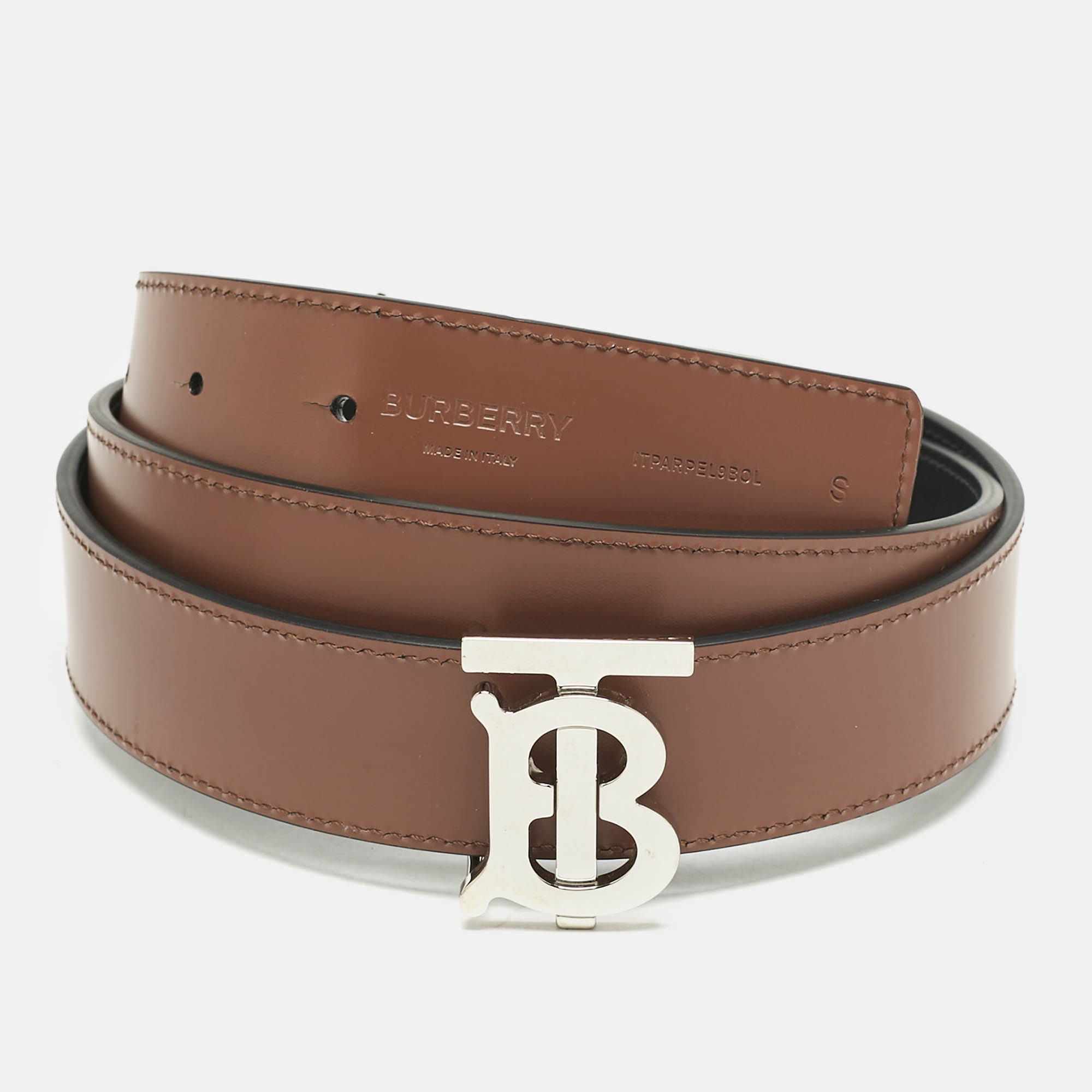 Pre Owned Burberry Black/Brown Leather TB Buckle Reversible Belt S