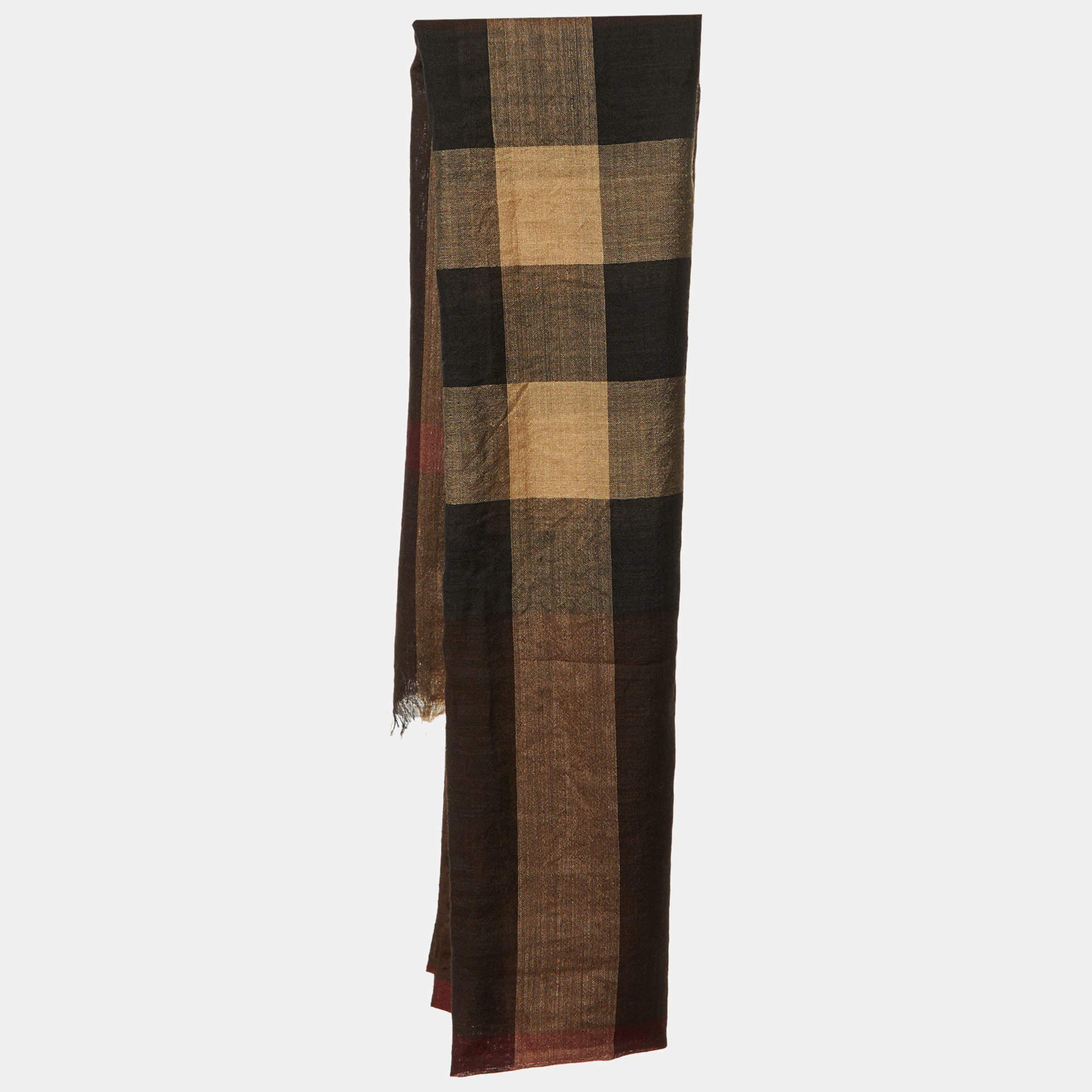 Pre Owned Burberry Brown Half Mega Check Wool & Silk Stole