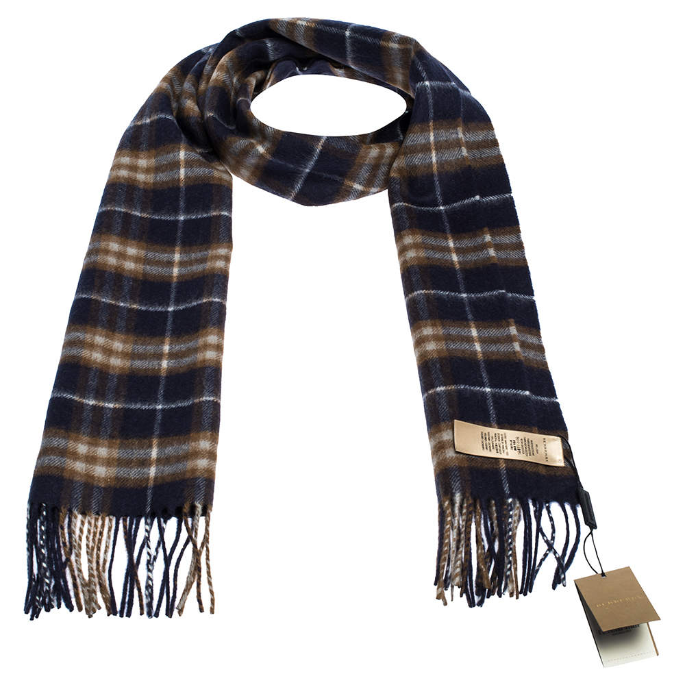 Pre Owned Burberry Dark Saphire Classic Vintage Check Cashmere Scarf