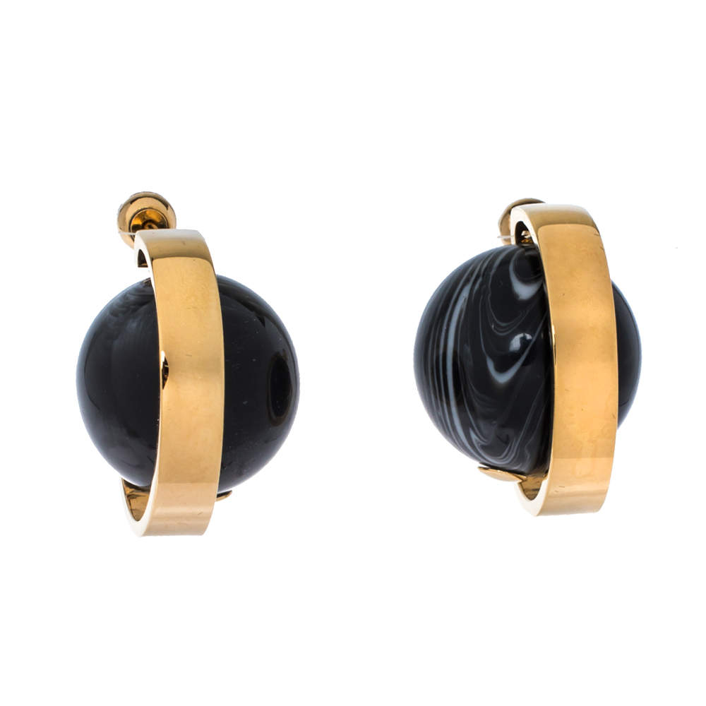 Pre Owned Burberry Midnight Marble Light Gold Tone Hoop Earrings