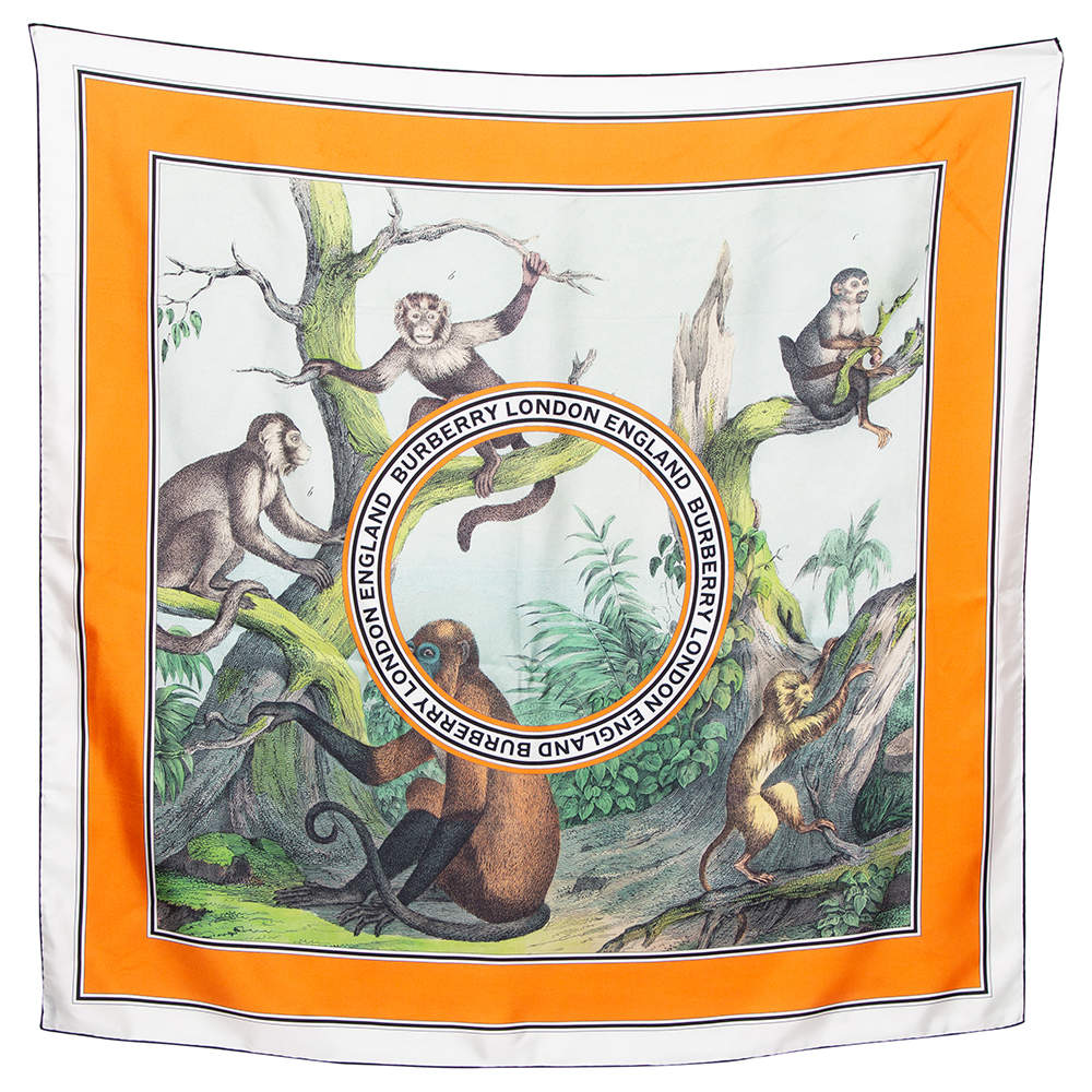 Burberry White Monkey Printed Silk Square Scarf