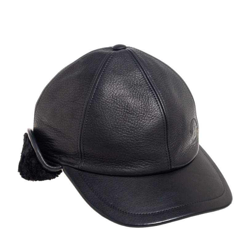 Pre Owned Burberry Black Leather & Cashmere Shearling Flap Explorer Cap S