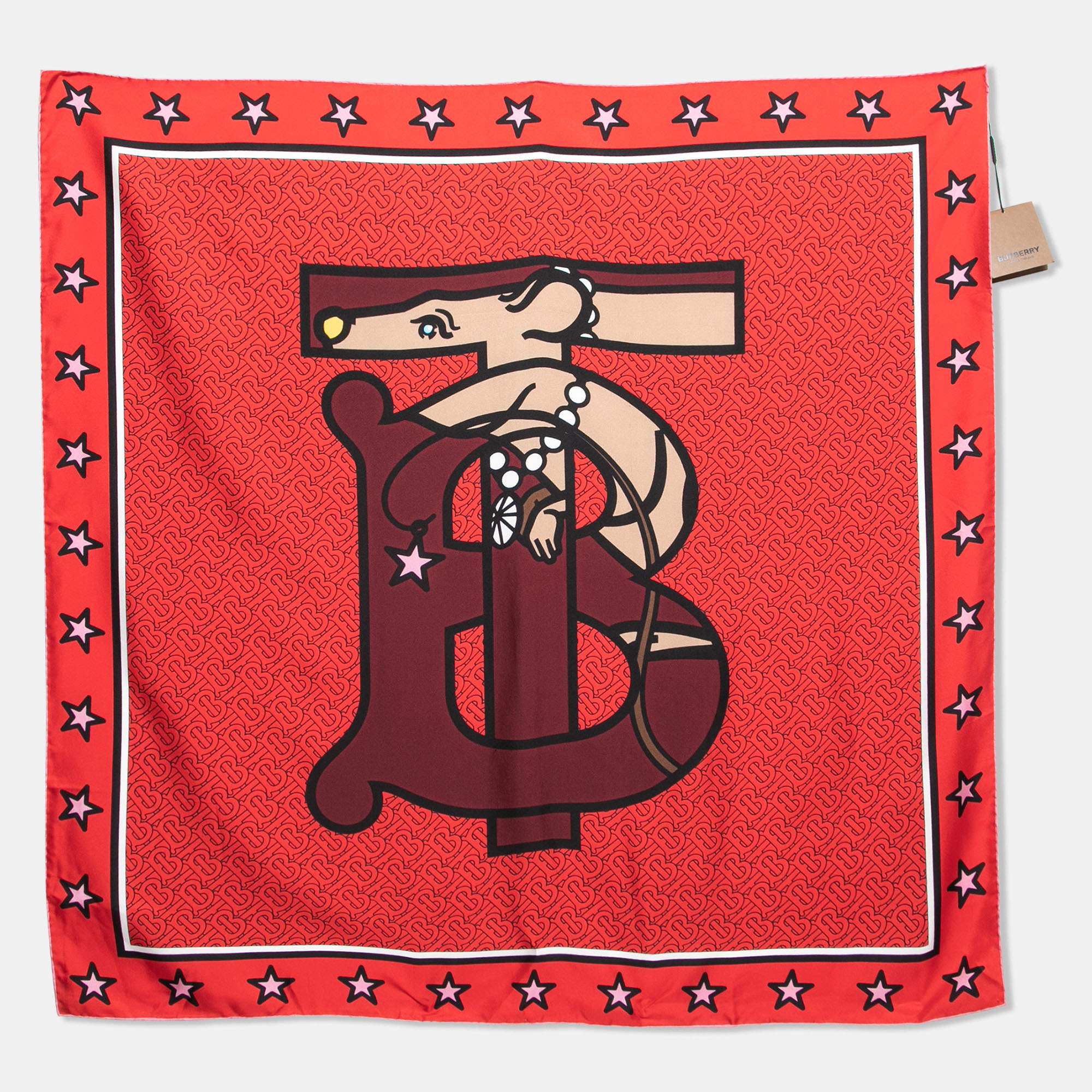 Pre Owned Burberry Bright Red Year of The Rat Monogram Silk Scarf