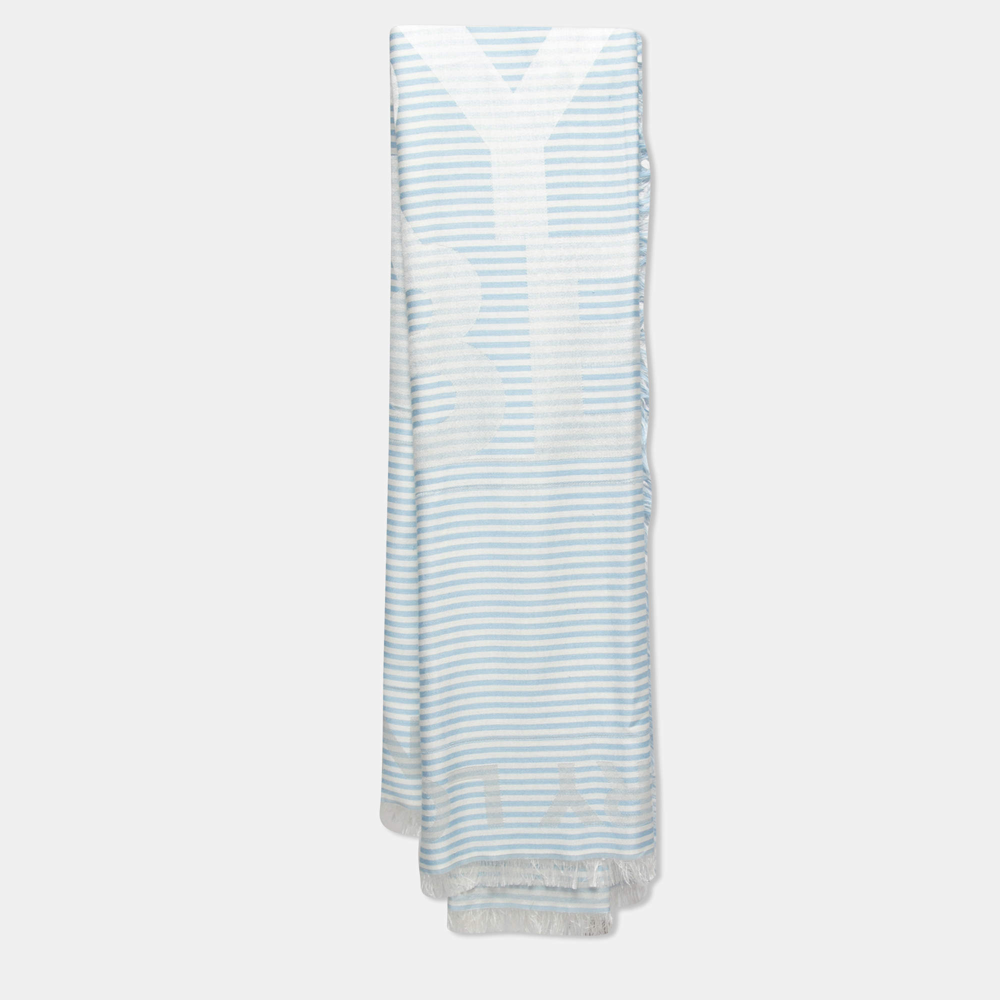 Pre Owned Burberry Pale Blue Striped Font Jacquard Silk & Wool Scarf