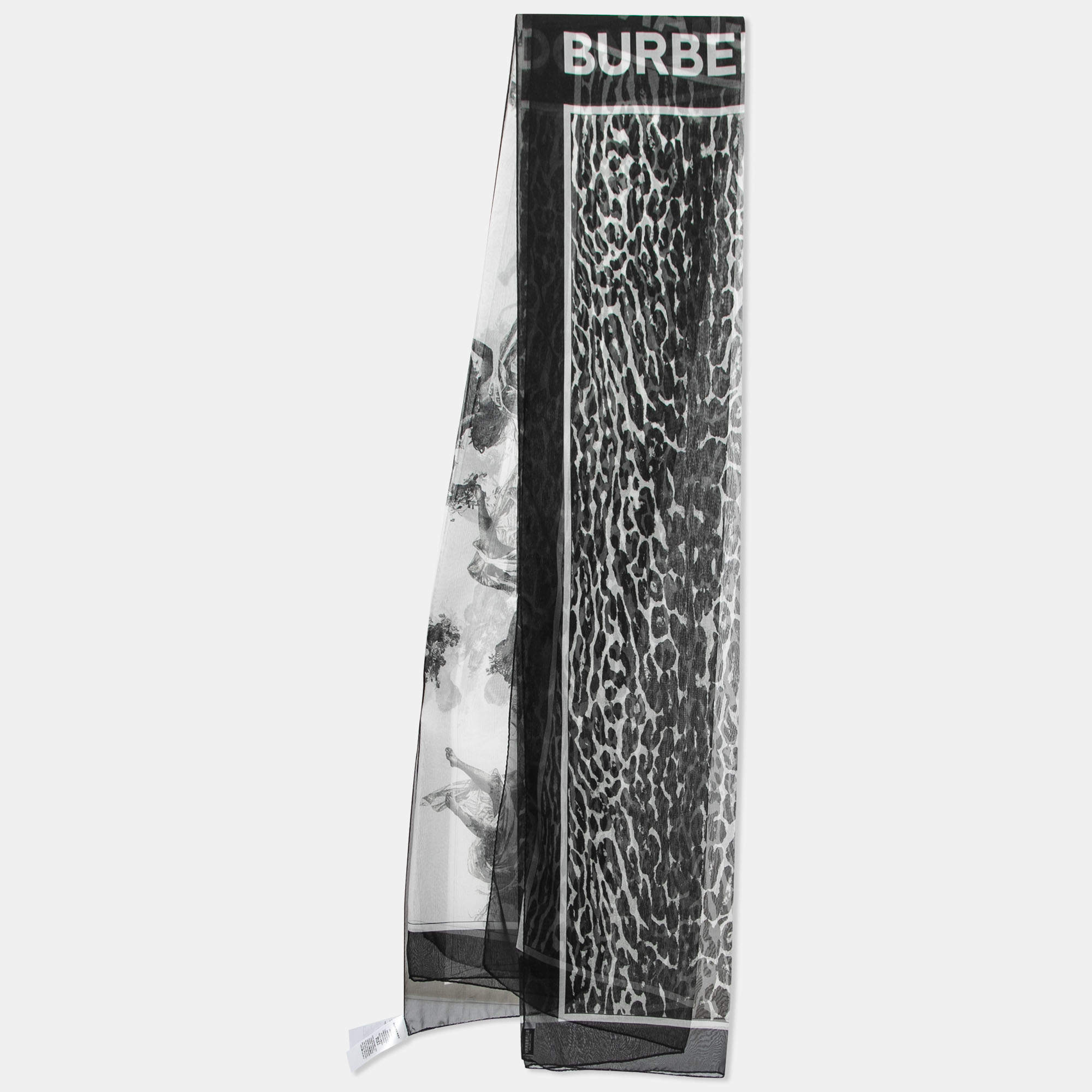 Pre Owned Burberry Black/White Angel Leopard Print Silk Chiffon Scarf