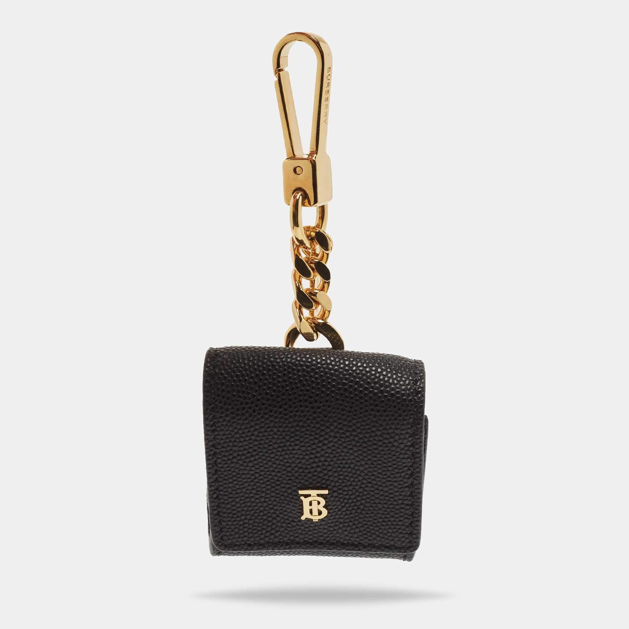 Pre Owned Burberry Black Grained Leather Earphone Case Charm