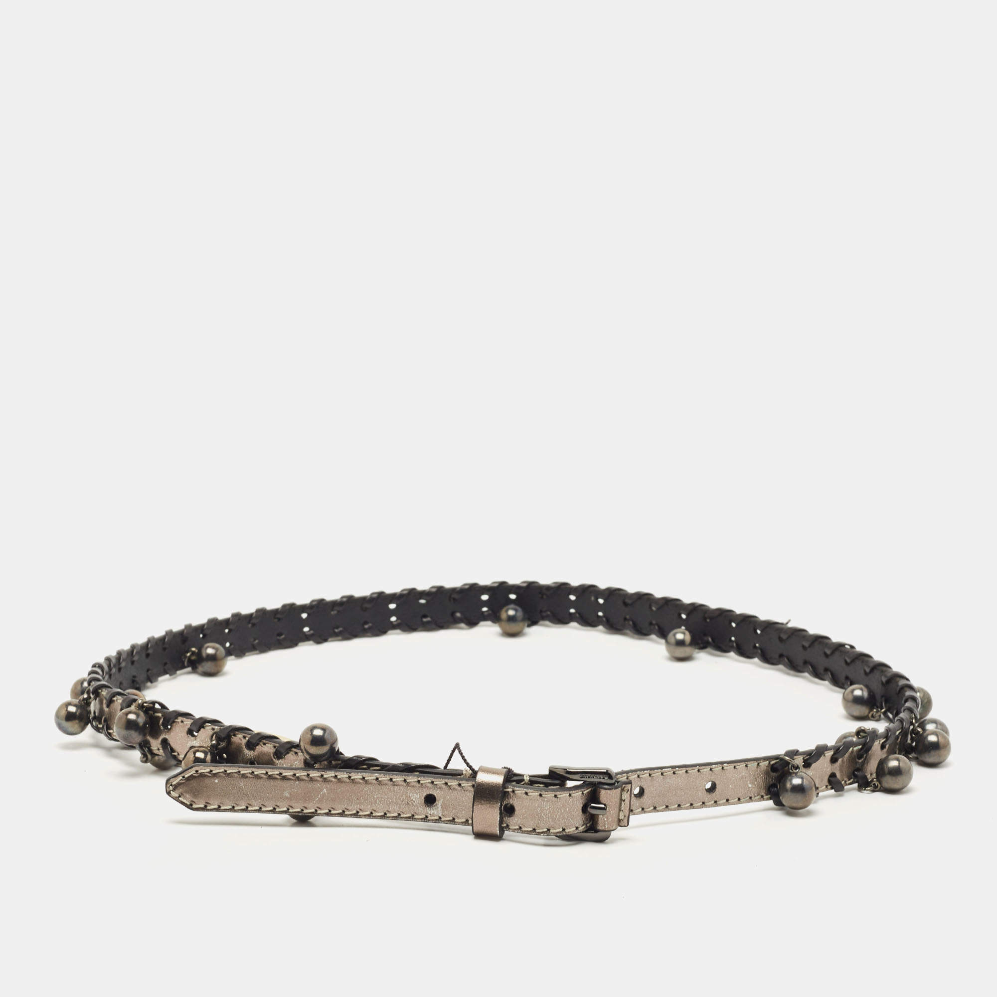 Pre Owned Burberry Gun Metal Leather Embellished Seabrook15 Skinny Belt 80CM