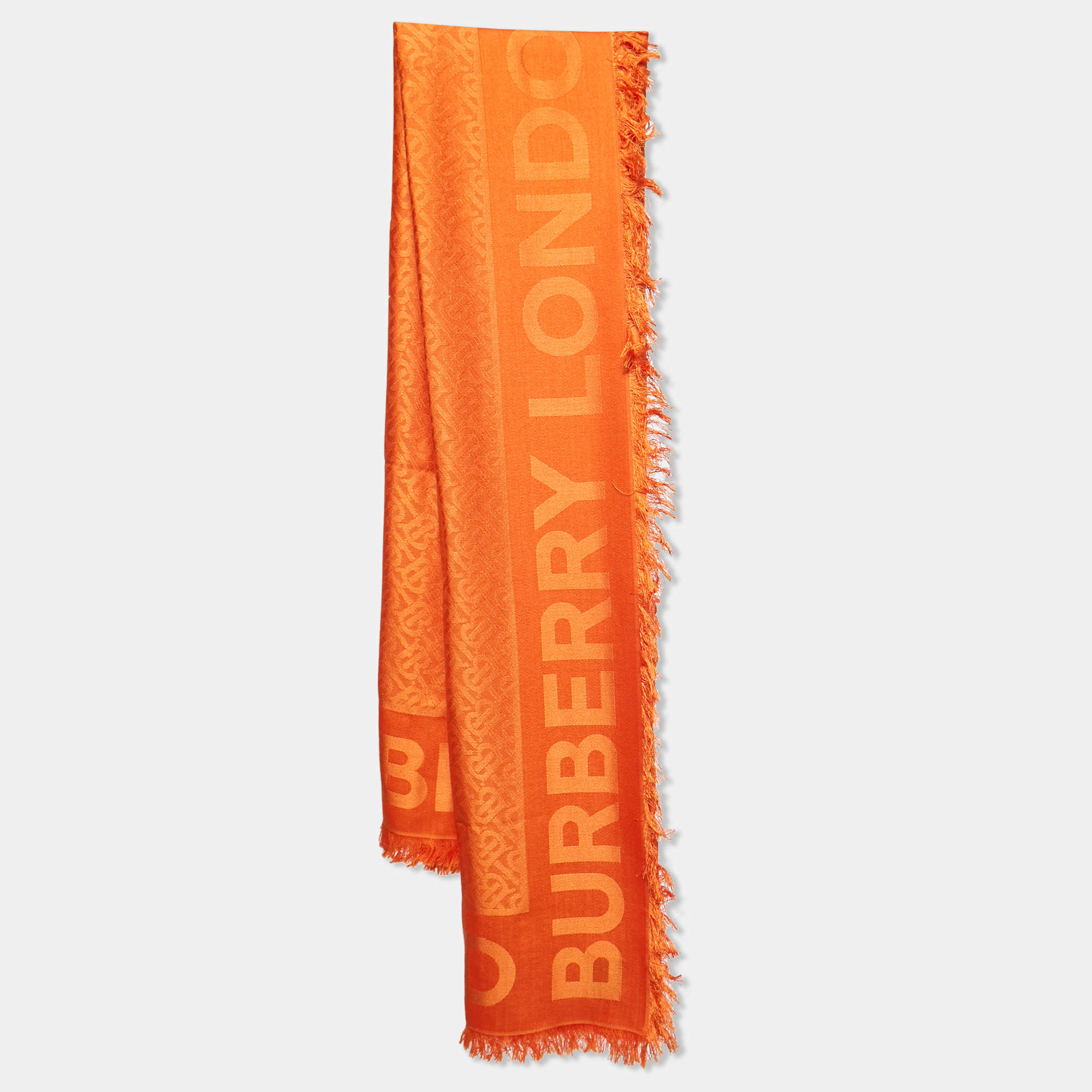 Pre Owned Burberry Orange Monogram Jacquard Silk & Wool Scarf