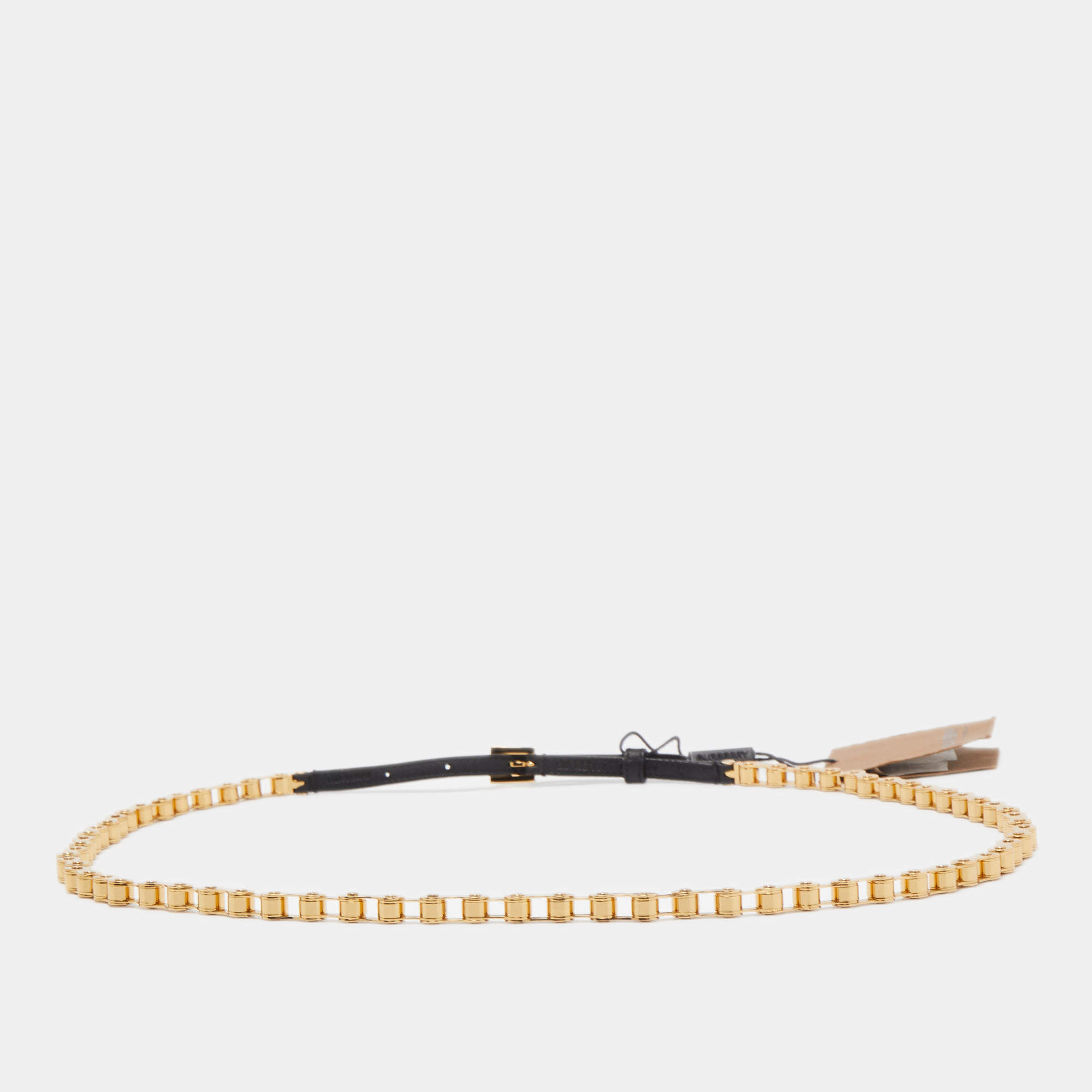 Pre Owned Burberry Black Gold Plated Metal and Leather Bike Chain Belt 95CM