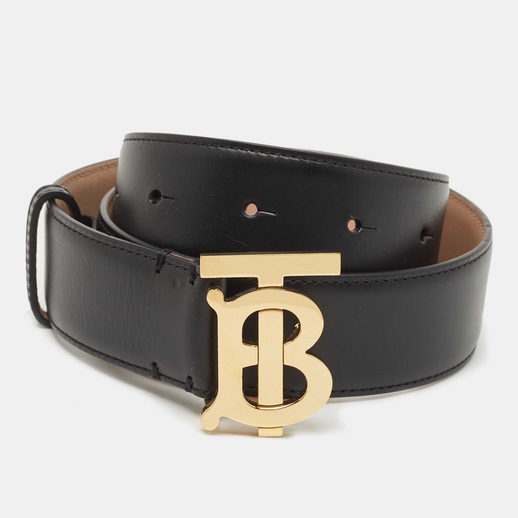 Burberry Leather TB Monogram Buckle Belt Black/Orange in Leather with  Black-tone - US