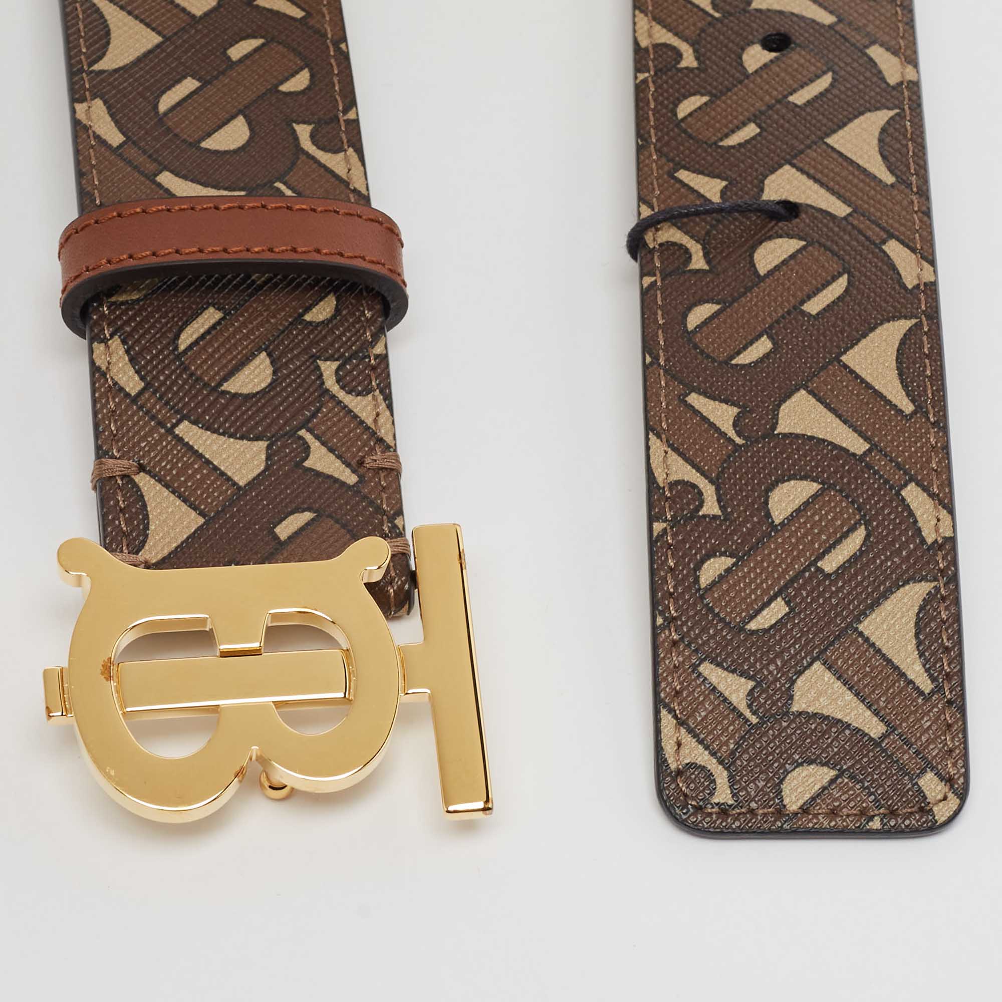 Burberry Brown Monogram Coated Canvas and Leather TB Buckle Belt S Burberry TLC