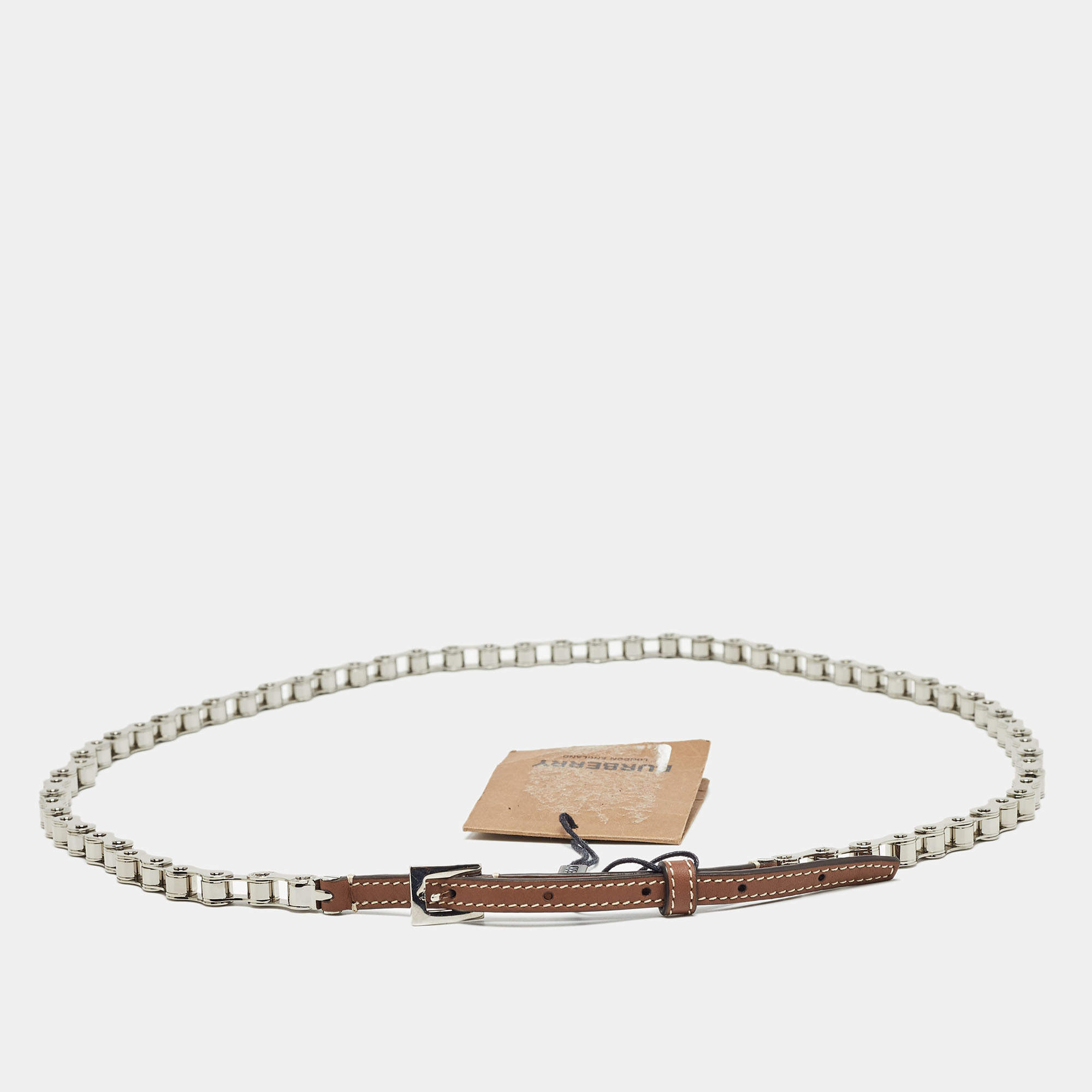 Pre Owned Burberry Brown Leather Bike Chain Belt L