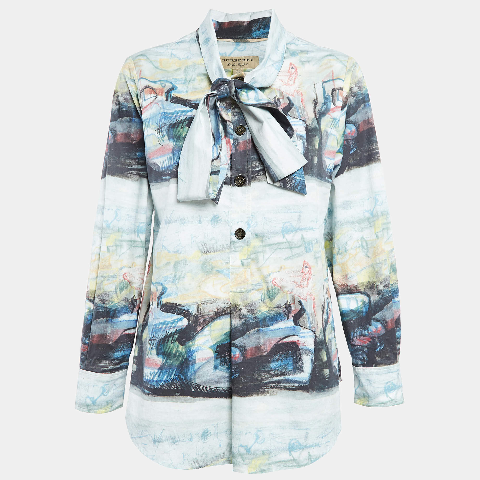 Pre Owned Burberry Multicolor Cotton Tie-Up Neck Full Sleeve Top M