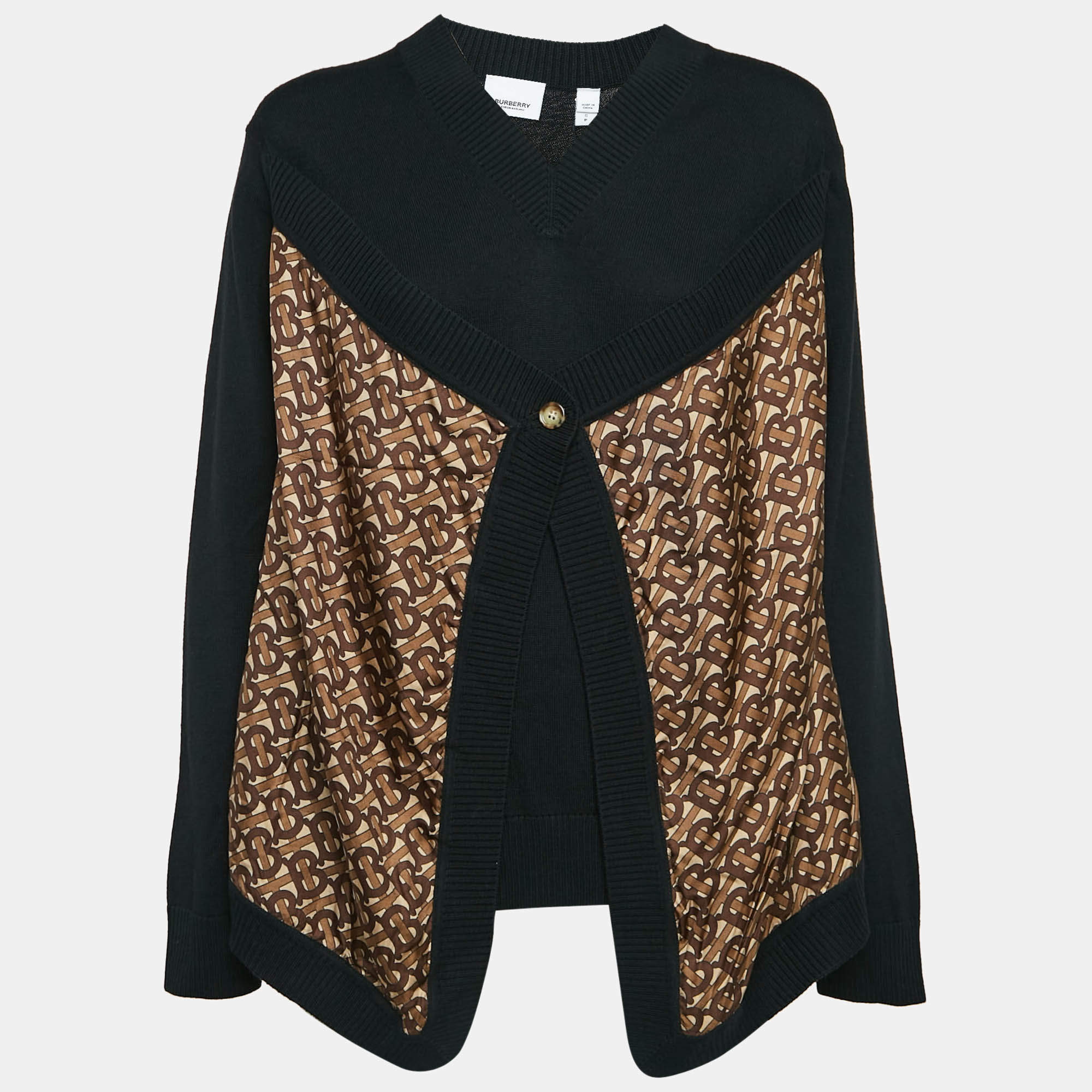 Pre Owned Burberry Black Merino Wool Monogram Panel V-Neck Cardrona Jumper S