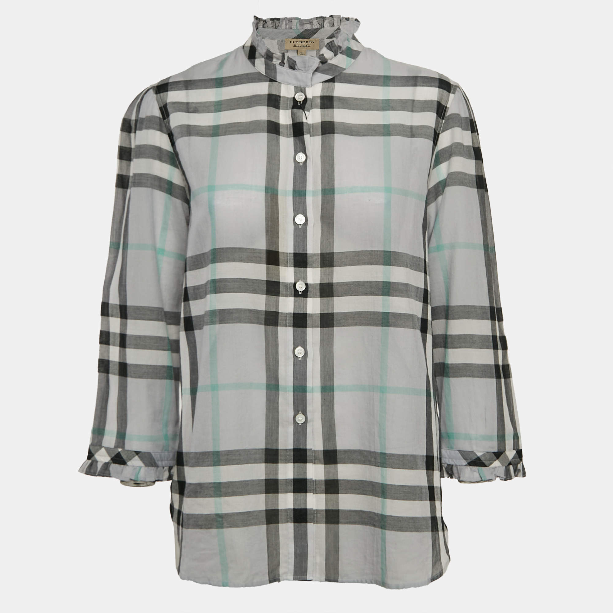 Pre Owned Burberry Grey Checked Cotton Ruffled Shirt S