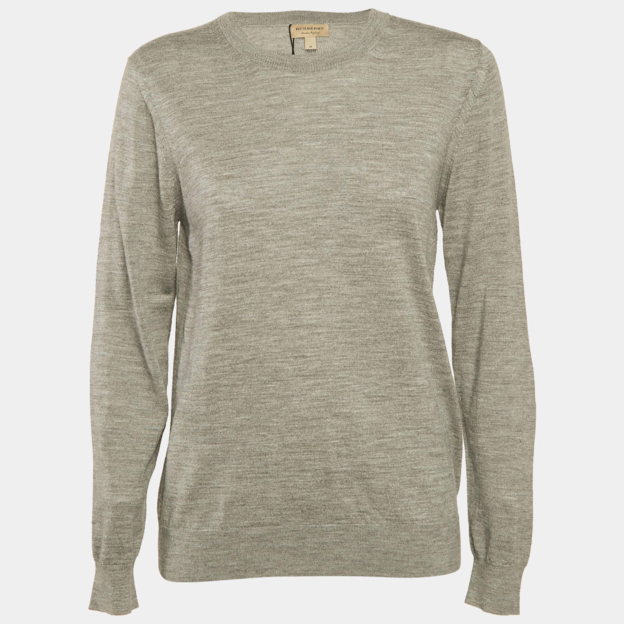 Burberry Grey Melanga Merino Wool Knit Patch Detail Sweatshirt M