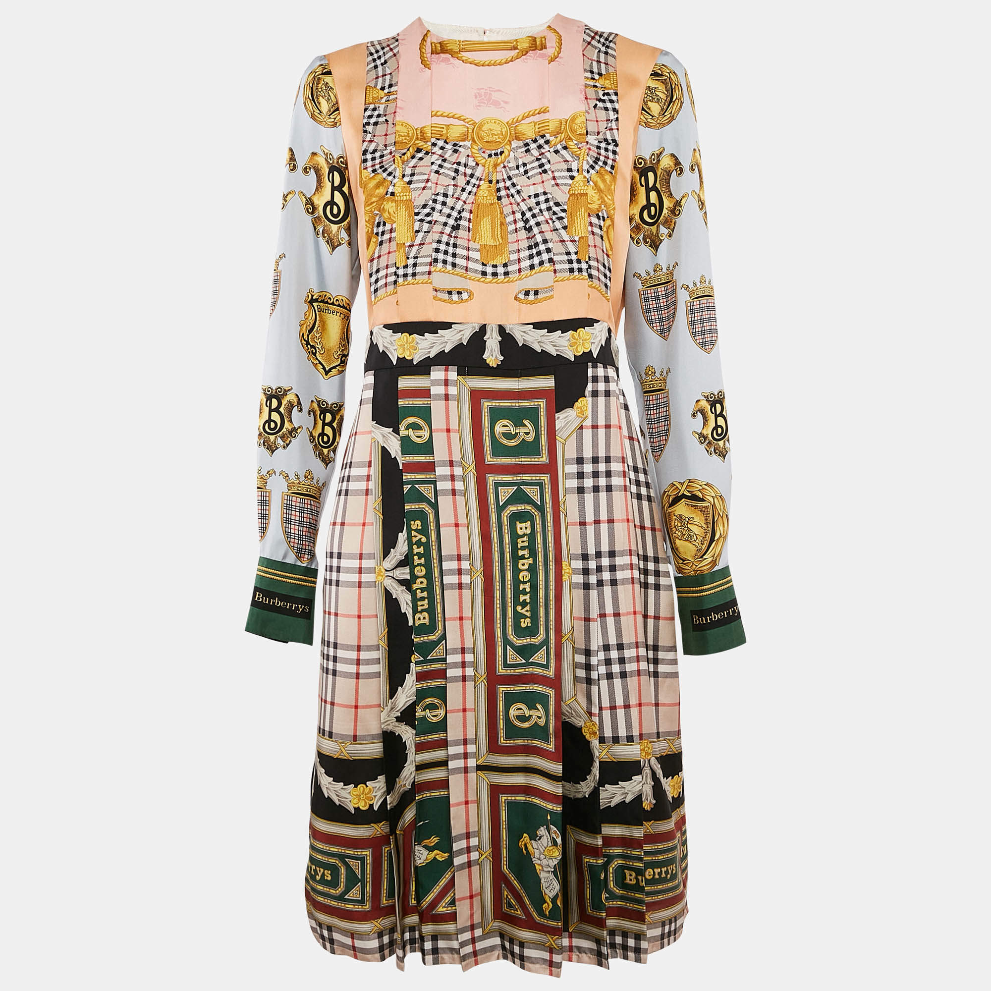 Burberry Multicolor Scarf Print Silk Pleated Long Sleeve Midi Dress M