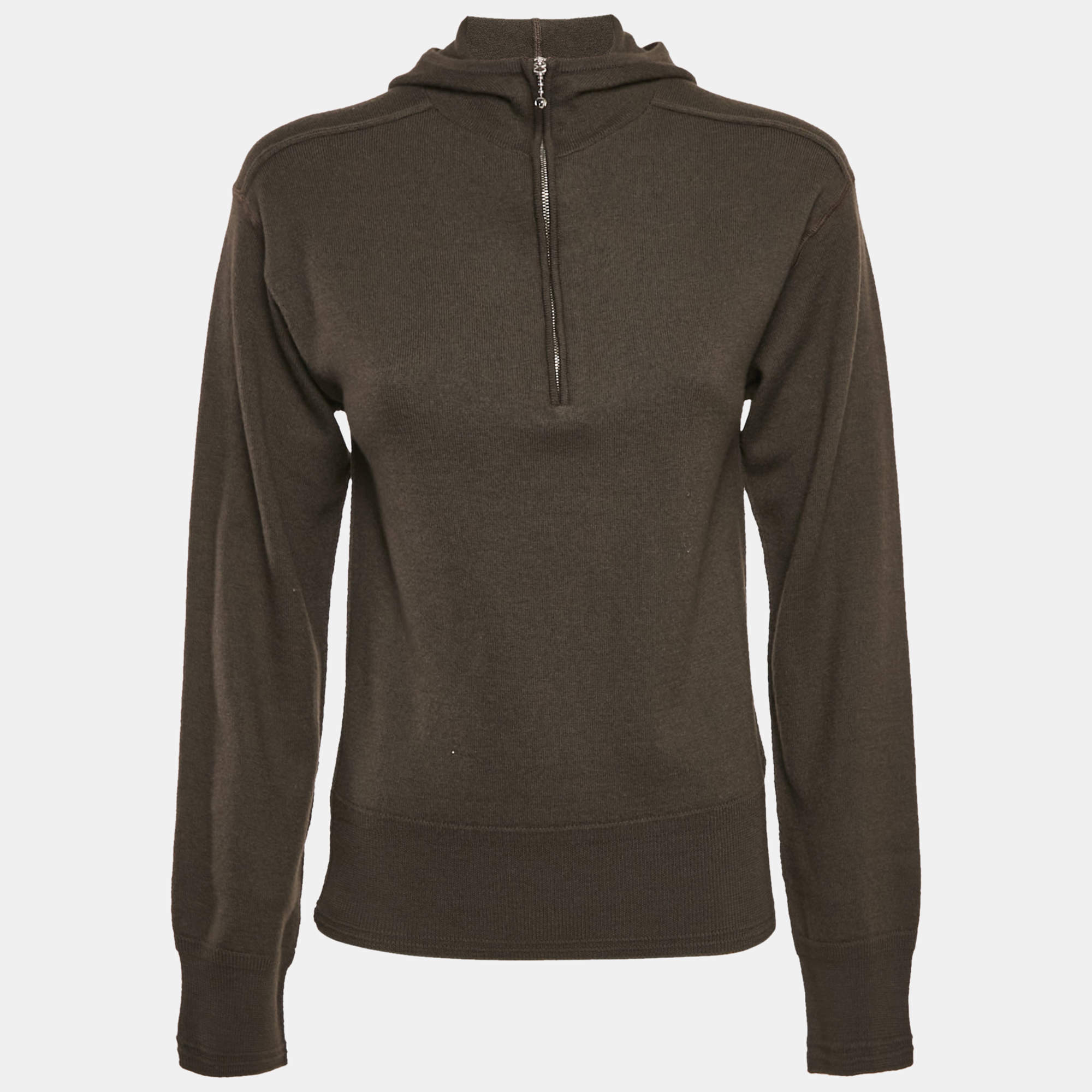 Burberry Otter Brown Wool Half Zip-Up Hooded Sweater XS