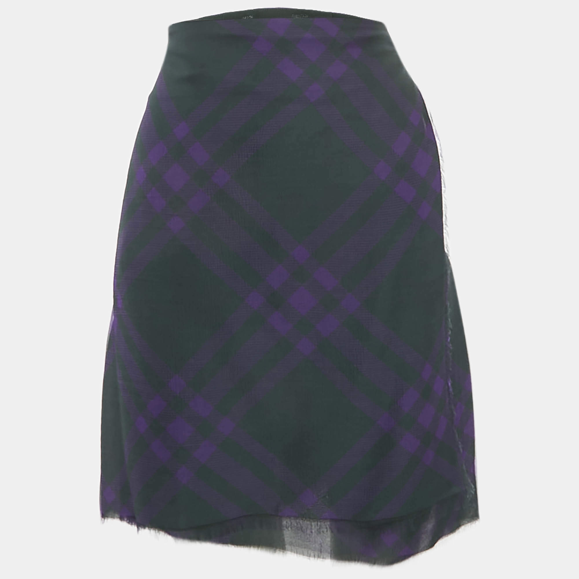 Pre Owned Burberry Dark Green/Purple Tartan Print Silk Pleated Wrap Skirt M
