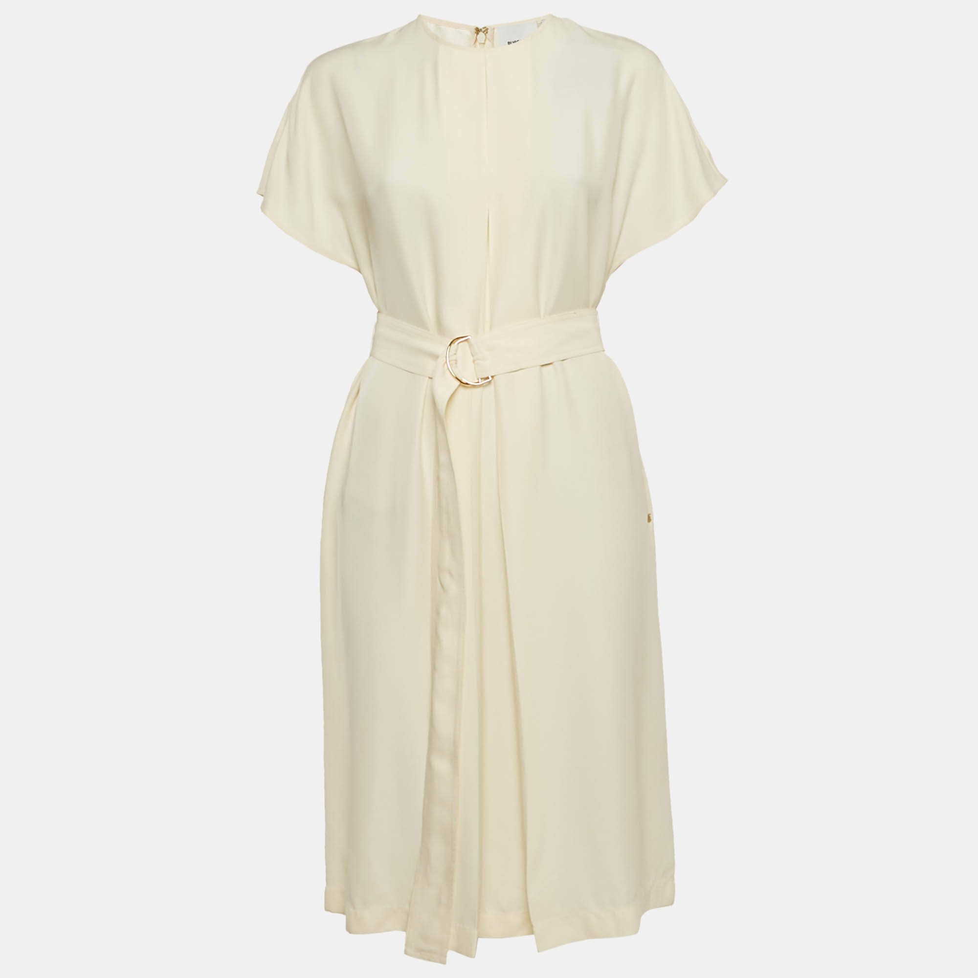 Pre Owned Burberry Off-White Crepe Belted Midi Dress S