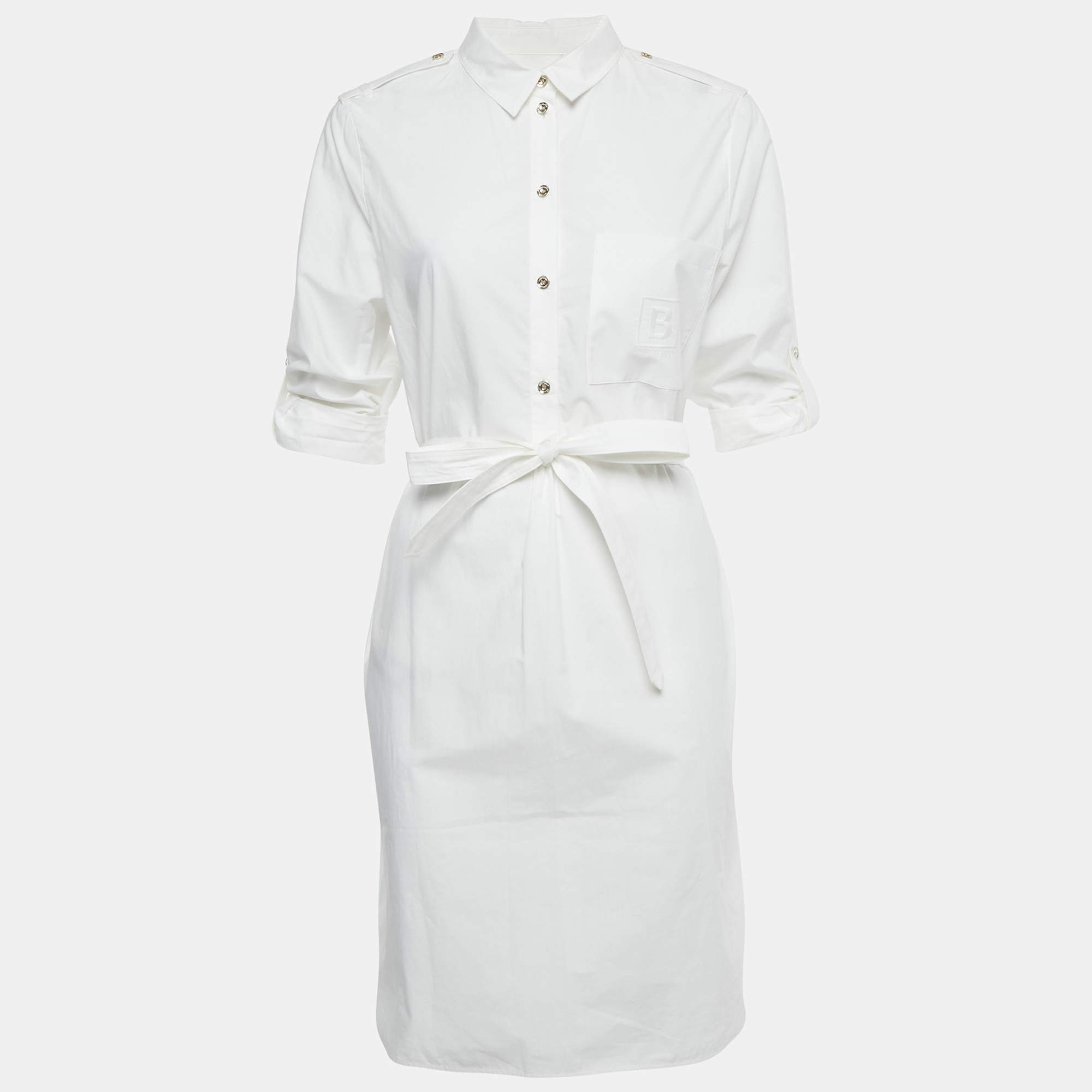 Pre Owned Burberry White Cotton Belted Mini Dress M