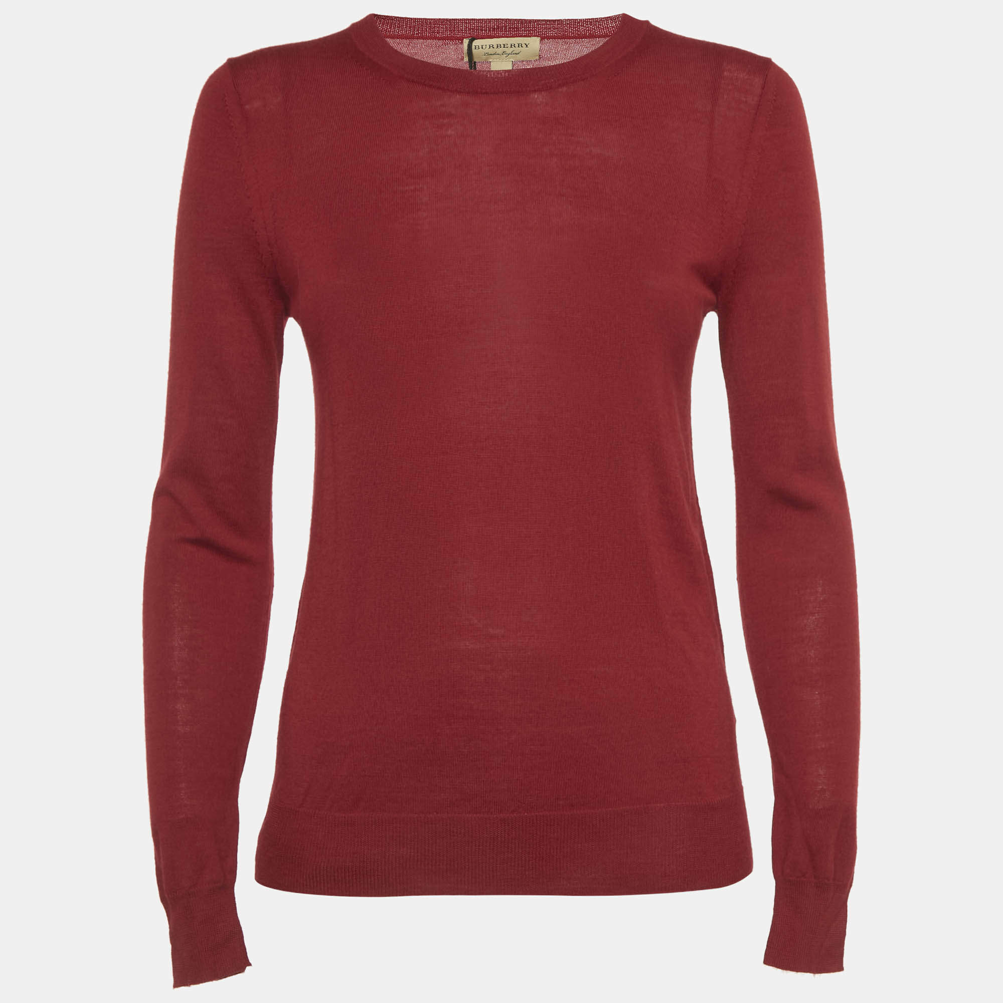 Pre Owned Burberry Red Merino Wool Knit Elbow Patch Sweater XS