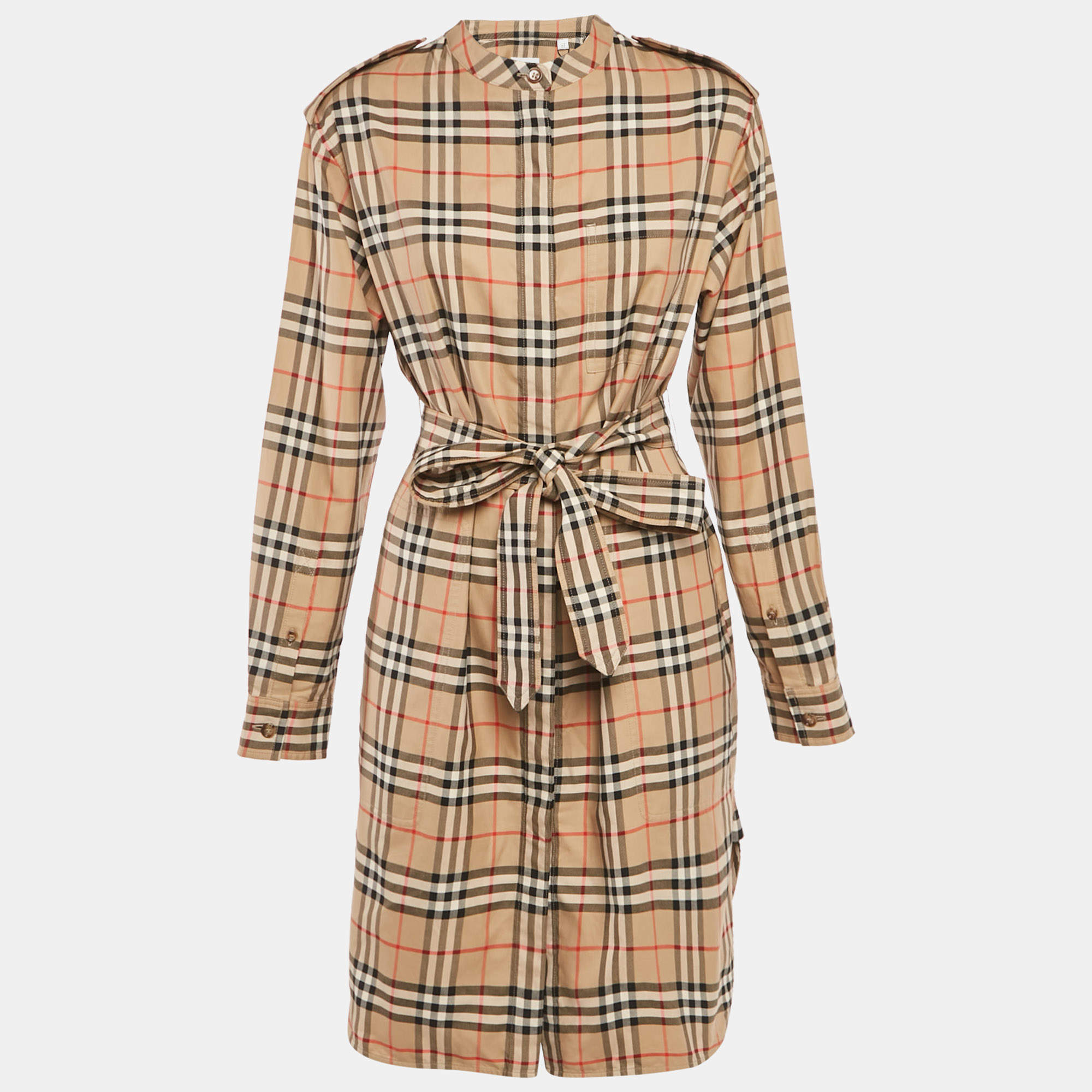 Pre Owned Burberry Beige Check Print Cotton Belted Short Dress M