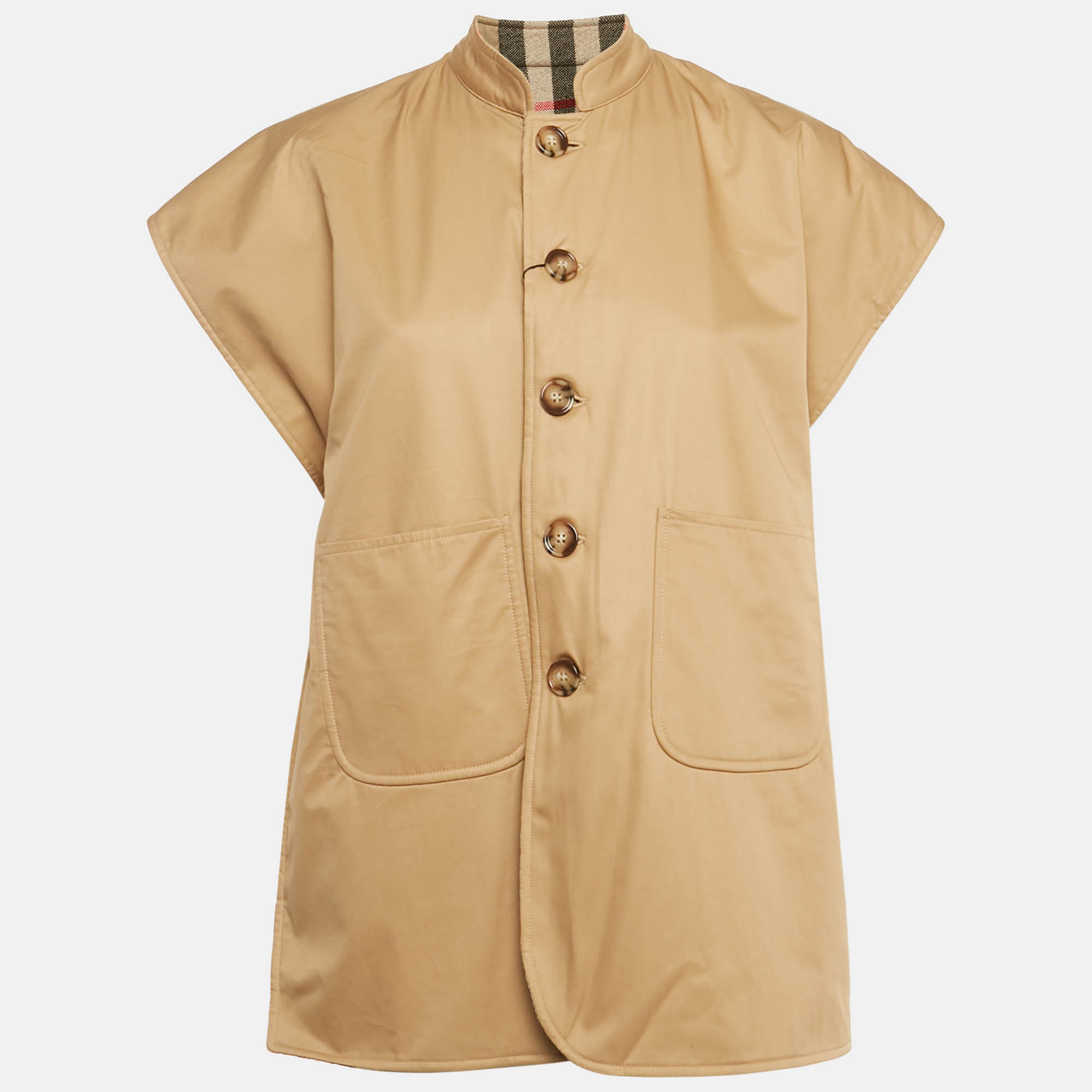 Pre Owned Burberry Beige Sarah Check Wool and Cotton Sleeveless Cape L