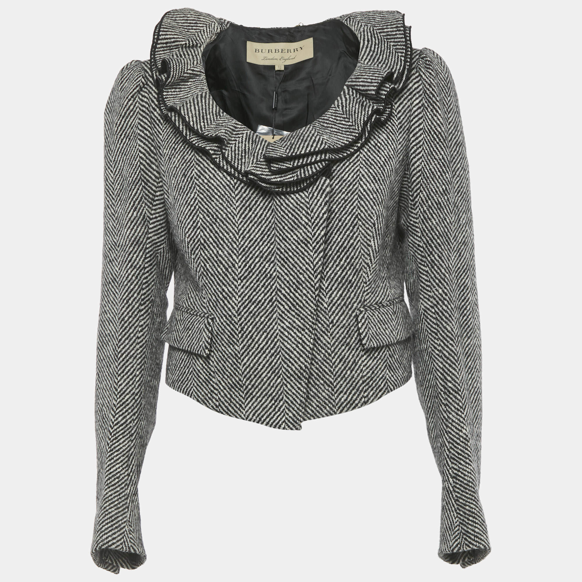 Pre Owned Burberry Monogram Herringbone Ruffled Jacket M