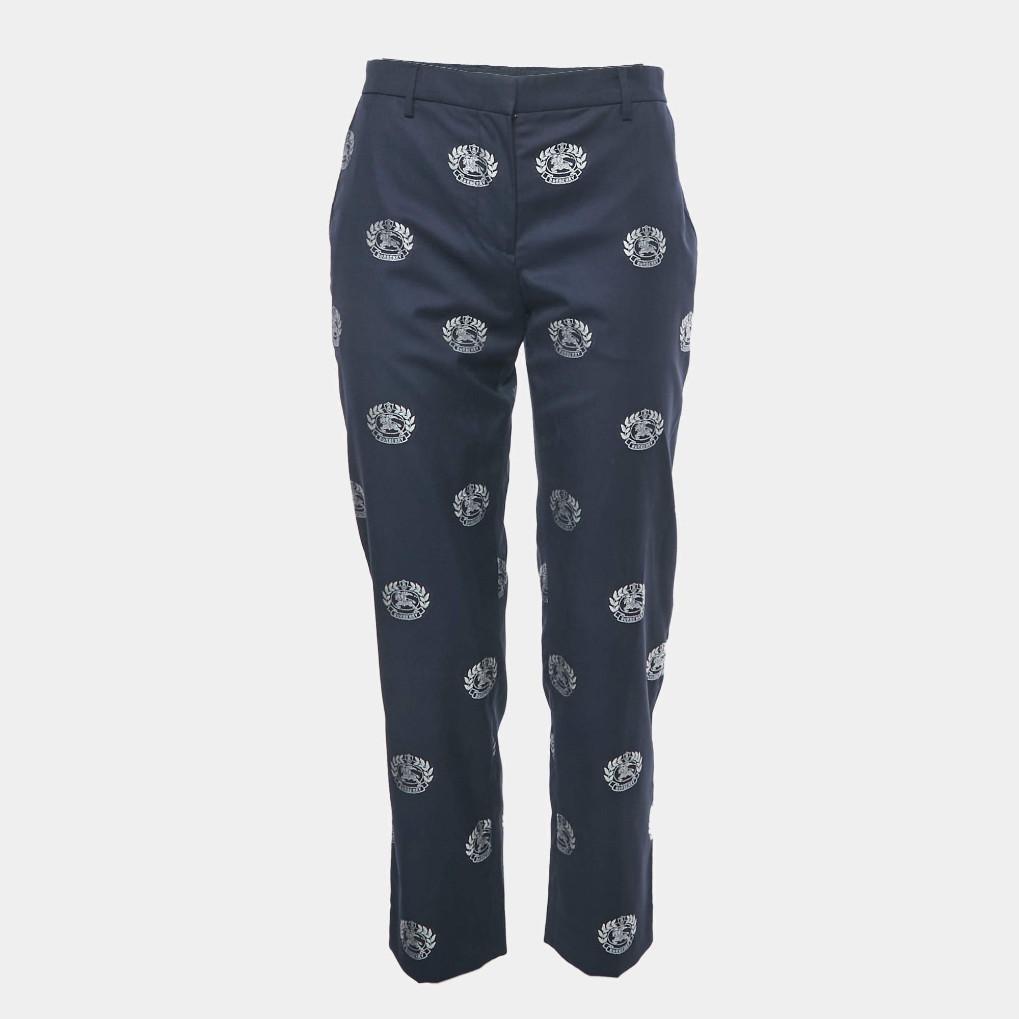 Pre Owned Burberry Navy Blue Brand Logo Jacquard Trousers S