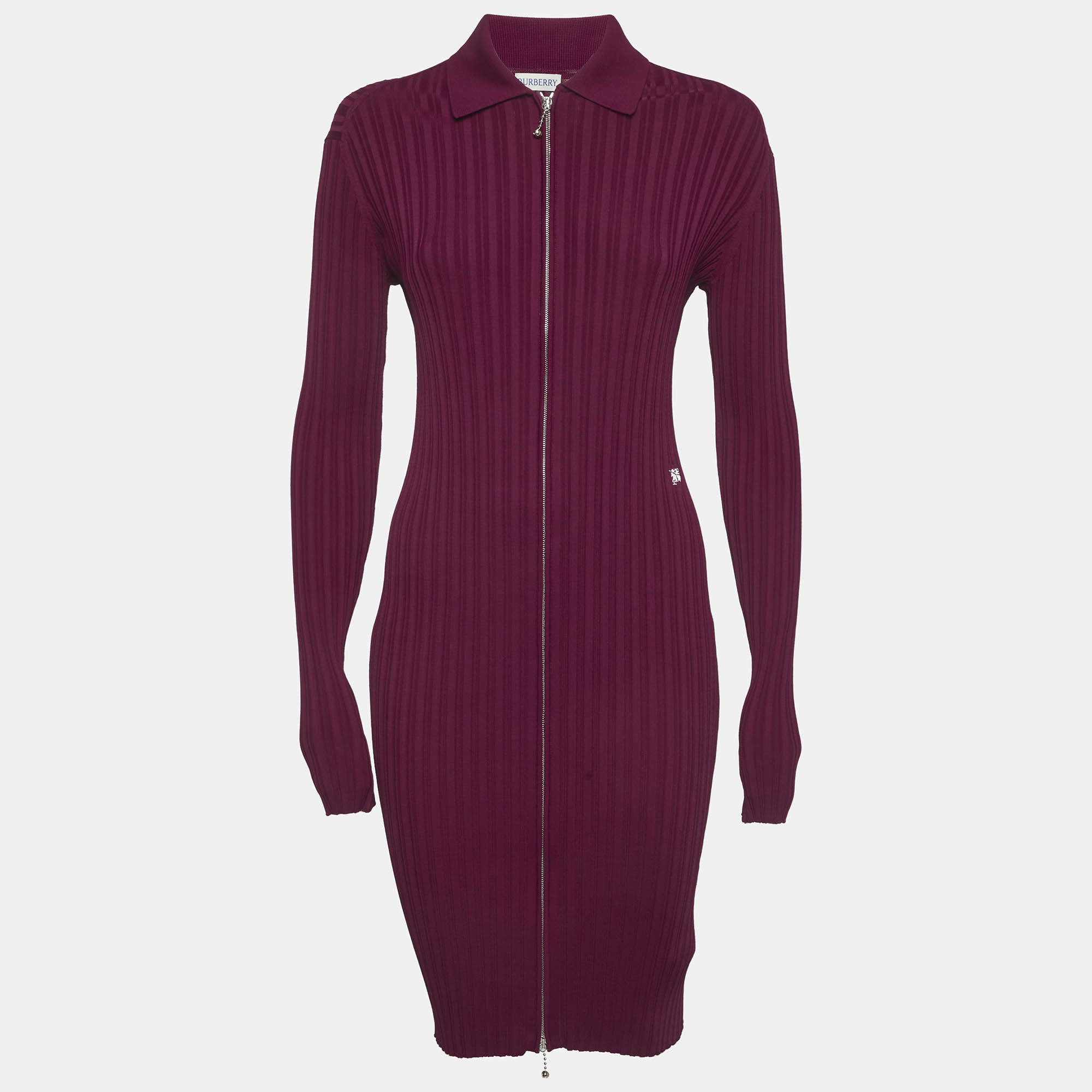 مملوكة مسبقًا Burberry Burgundy Rib Knit Zip-Up Midi Dress S
