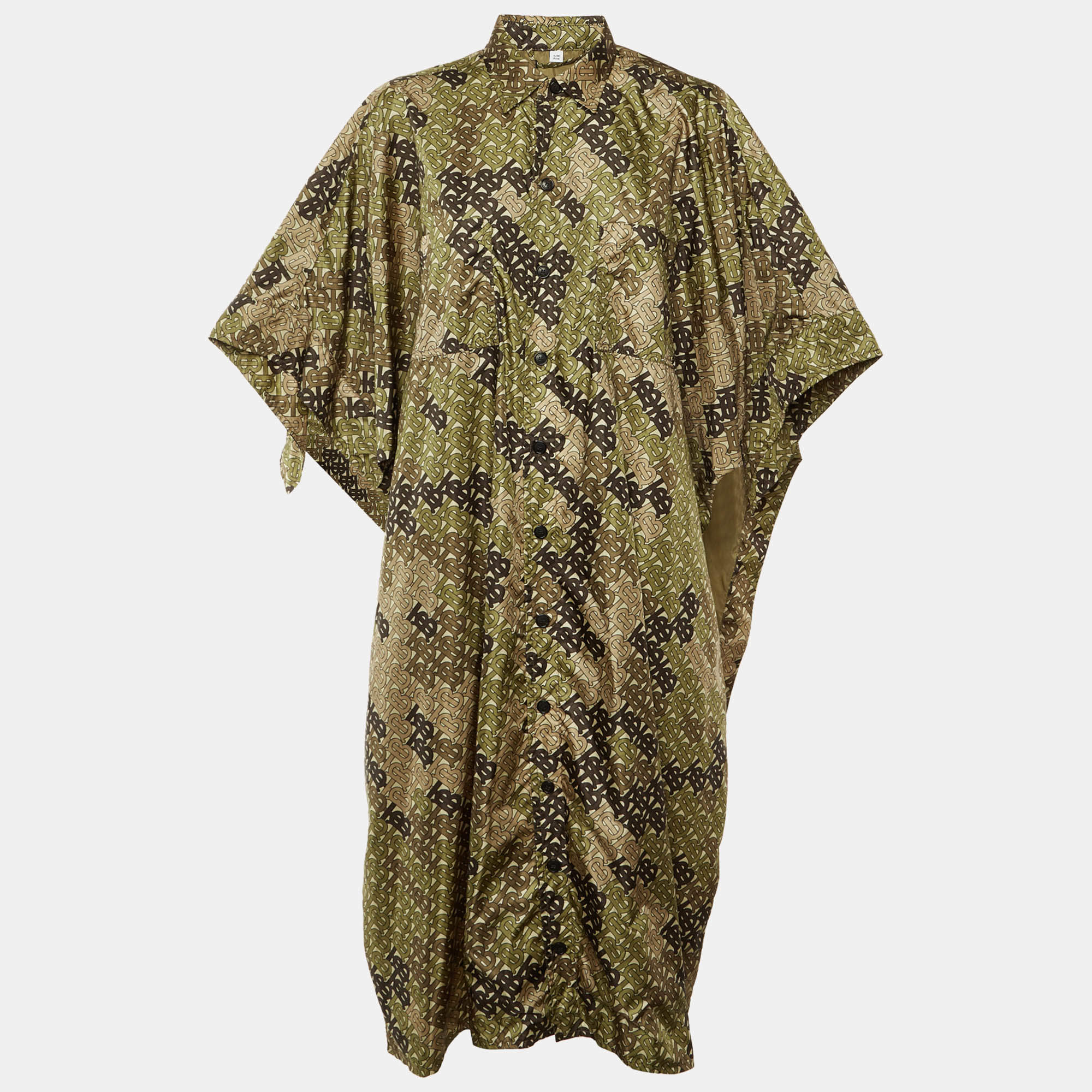 مملوكة مسبقًا Burberry Khaki Green Monogram Print Nylon Bromley Open Cape Coat S/M