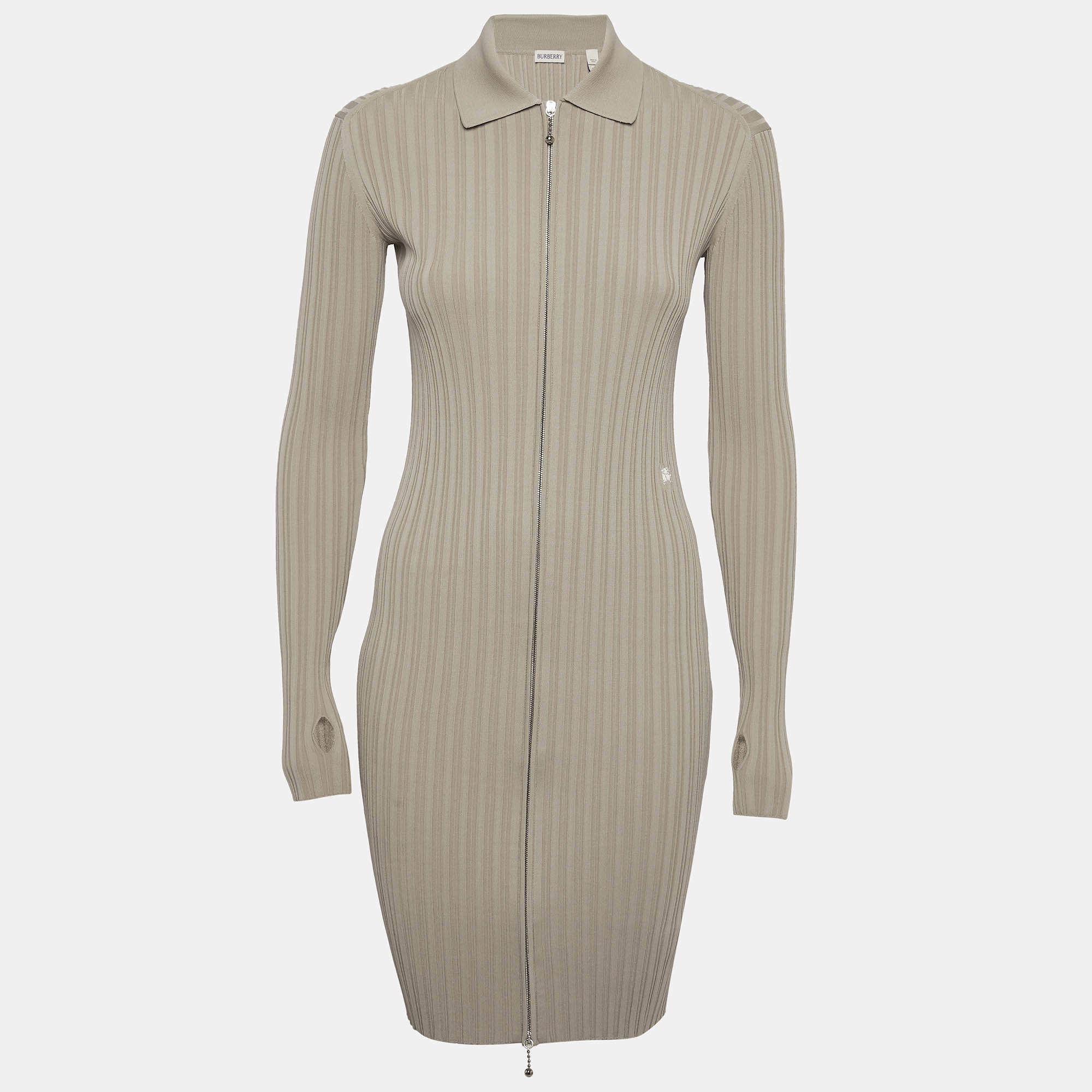 Pre Owned Burberry Limestone Rib Knit Zip-Up Short Dress XS