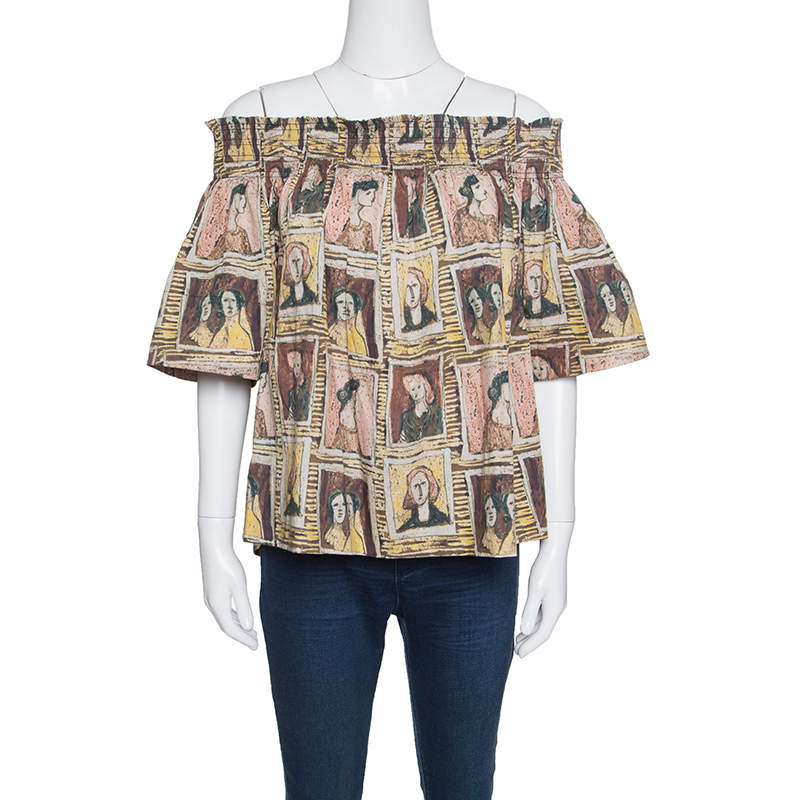 Pre Owned Burberry Umber Brown Framed Heads Printed Cotton Off Shoulder Top L