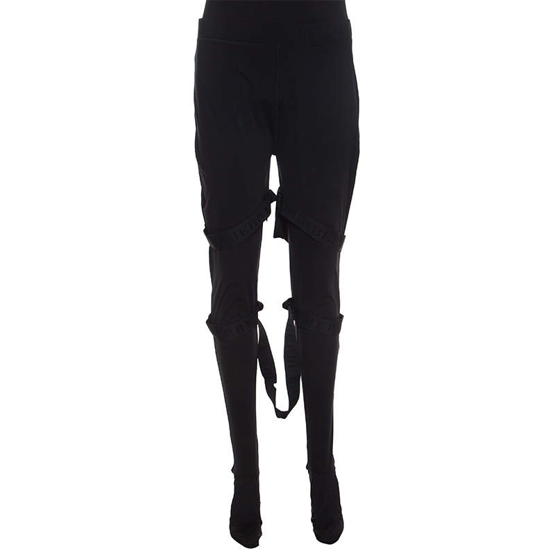 Pre Owned Burberry Black Stretch Jersey Strap Detailed Footed Leggings XL