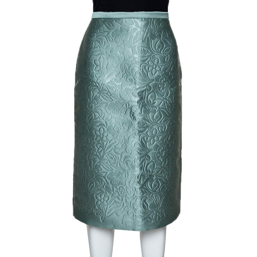Burberry Prorsum Light Green Floral Embossed Pencil Skirt S