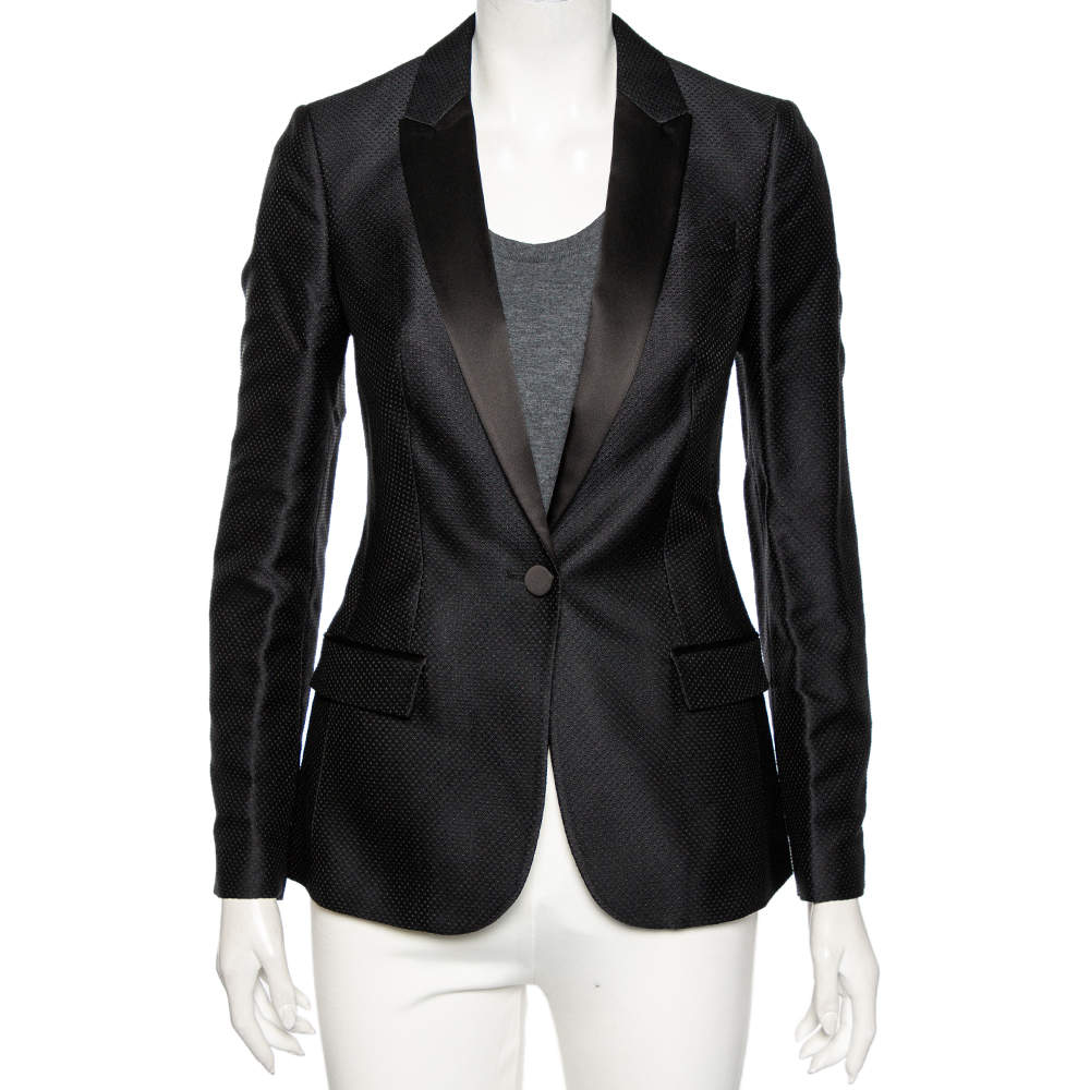 Pre Owned Burberry Black Textured Silk & Satin Trimmed Single Breasted Tuxedo S 