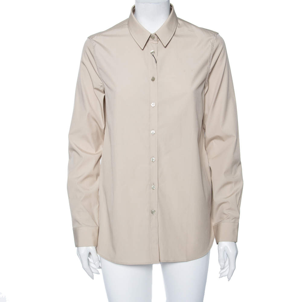 Pre Owned قميص بربري أكمام طويلة أزرار أمامية قطن بيج مقاس متوسط