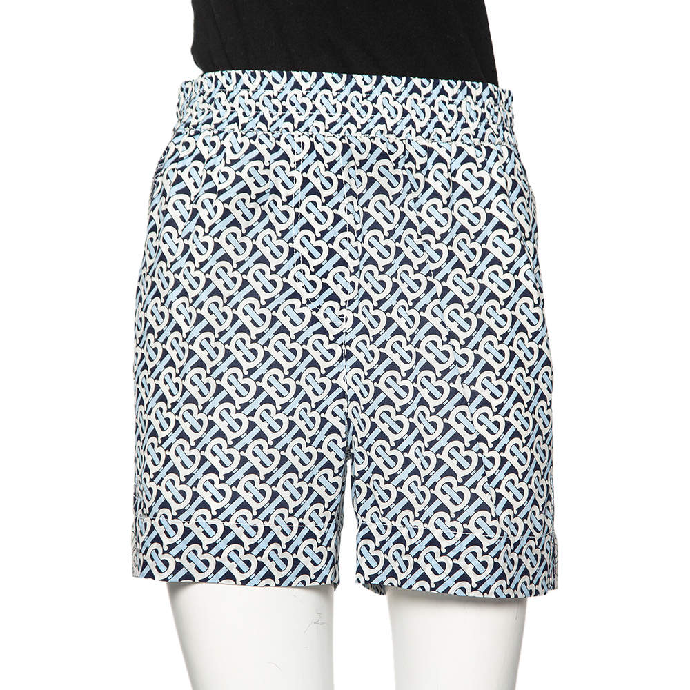 Pre Owned Burberry Blue Monogram Printed Silk Shorts S