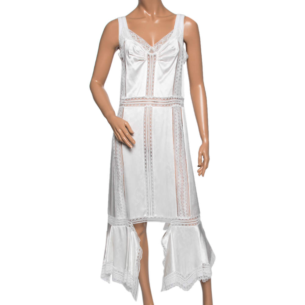 Burberry White Satin Silk & Chantilly Lace Sleeveless Slip Dress S