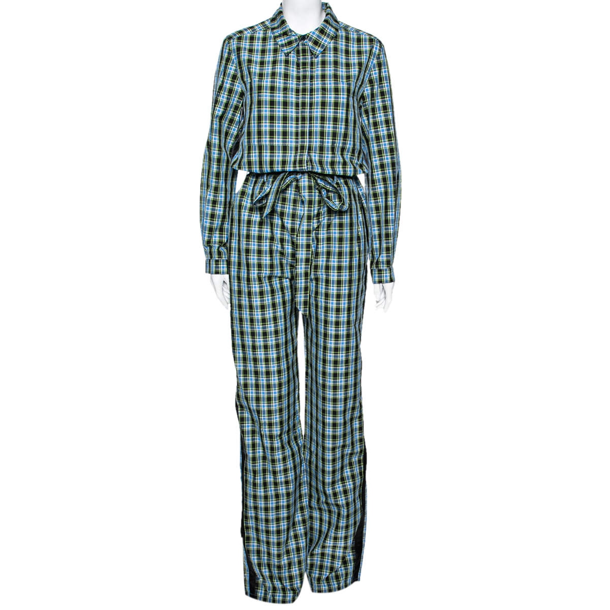 Pre Owned Burberry Blue Lampton Plaid Checked Cotton Belted Jumpsuit S