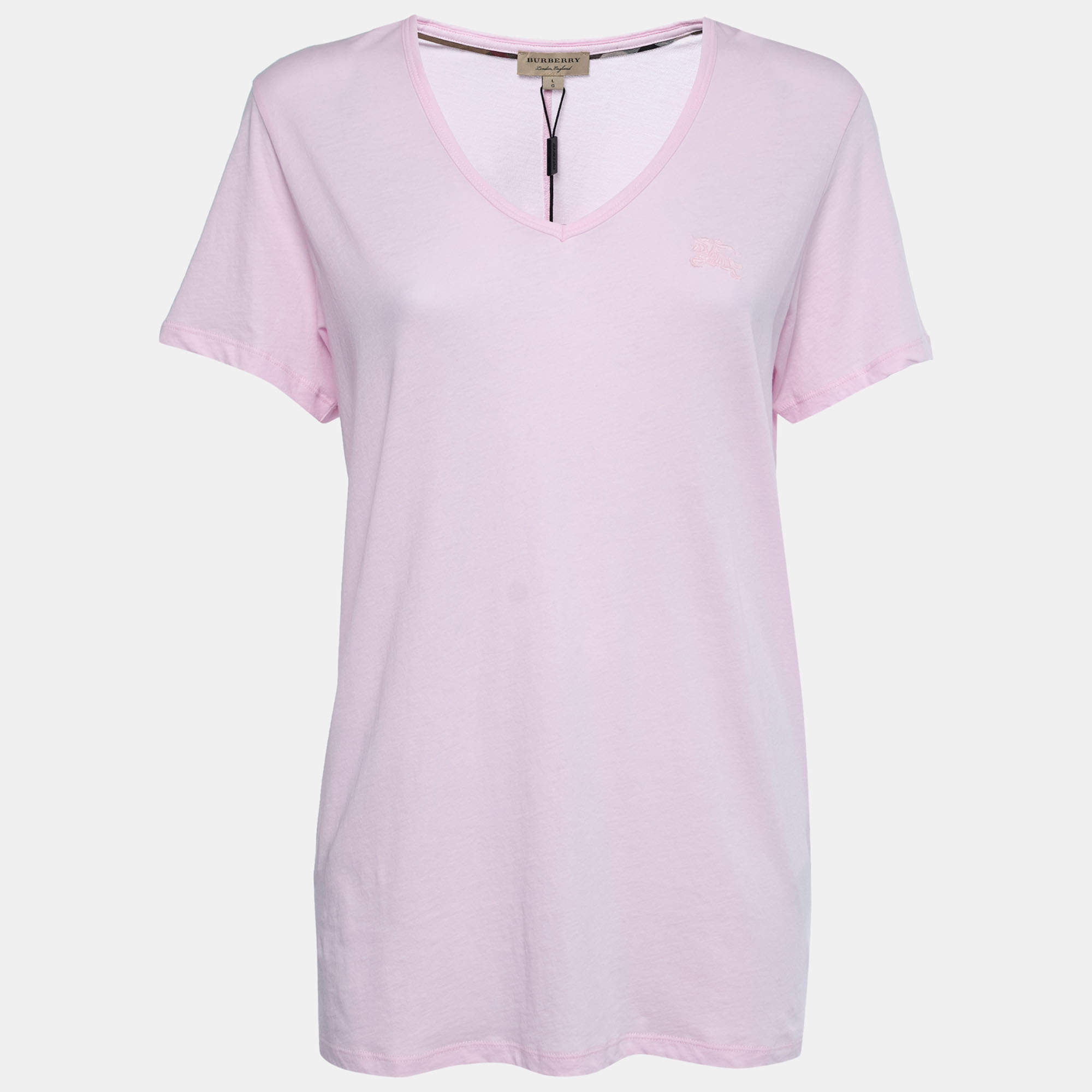 Pre Owned Burberry Pink Cotton V-Neck T-Shirt L
