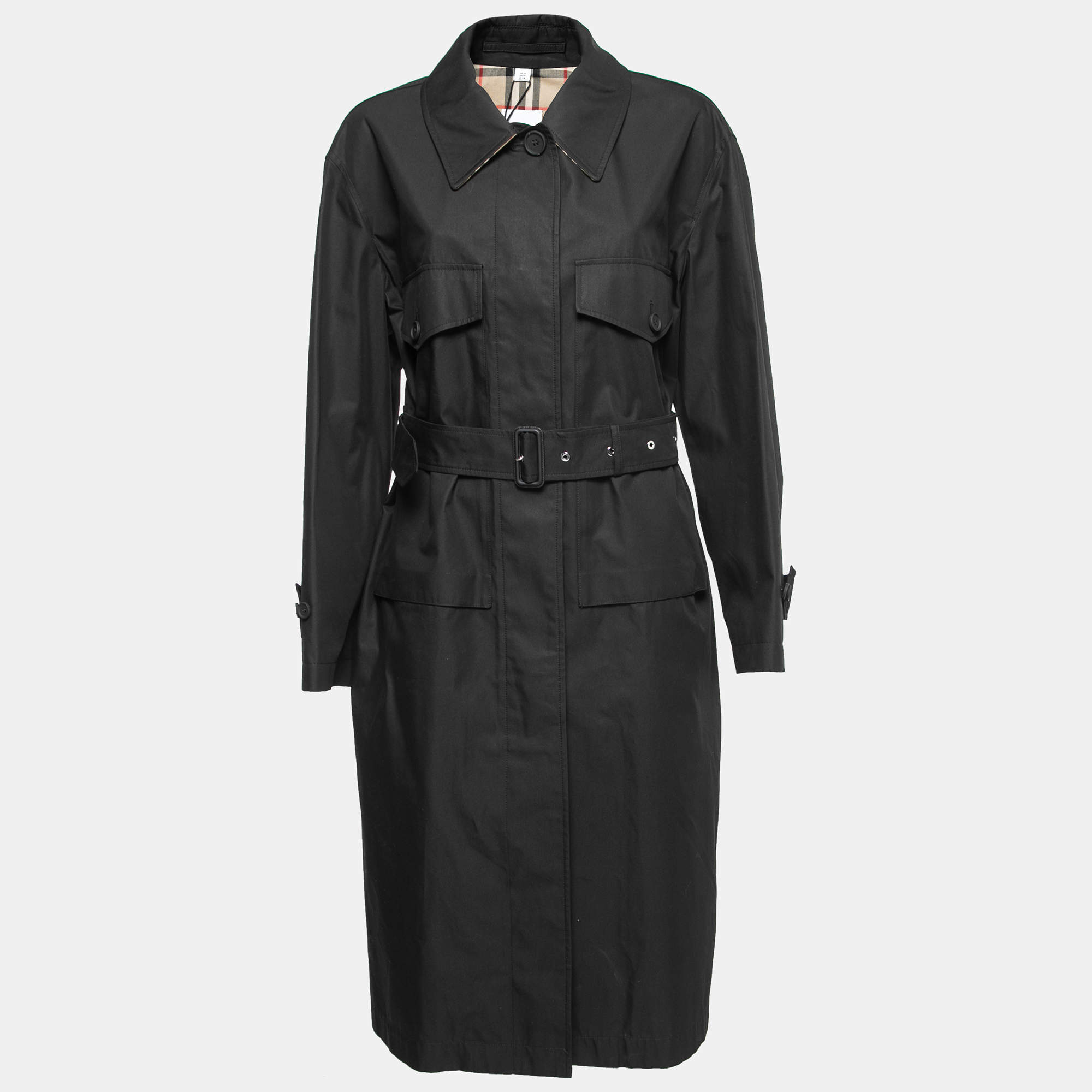 Pre Owned Burberry Black Gabardine Swingate Belted Trench Coat M