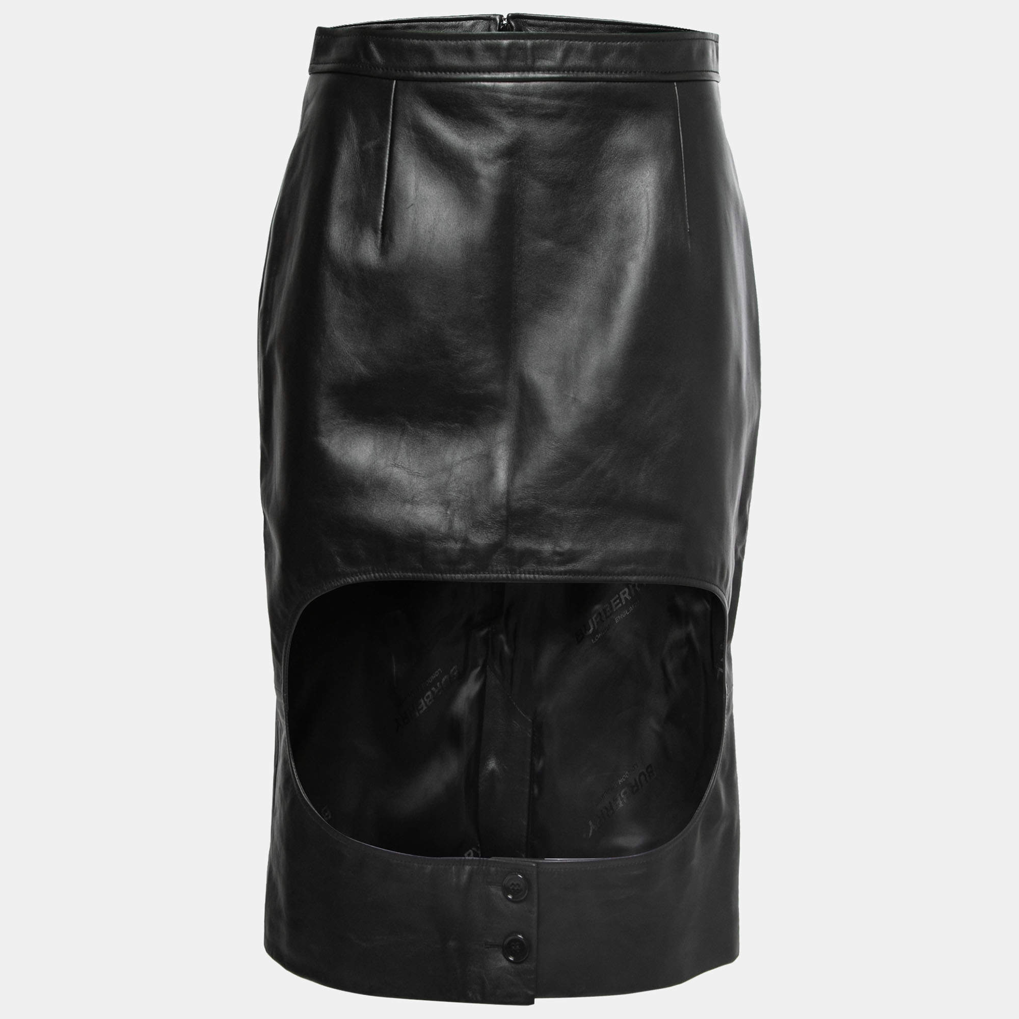 Burberry Black Leather Cut Out Pencil Skirt S
